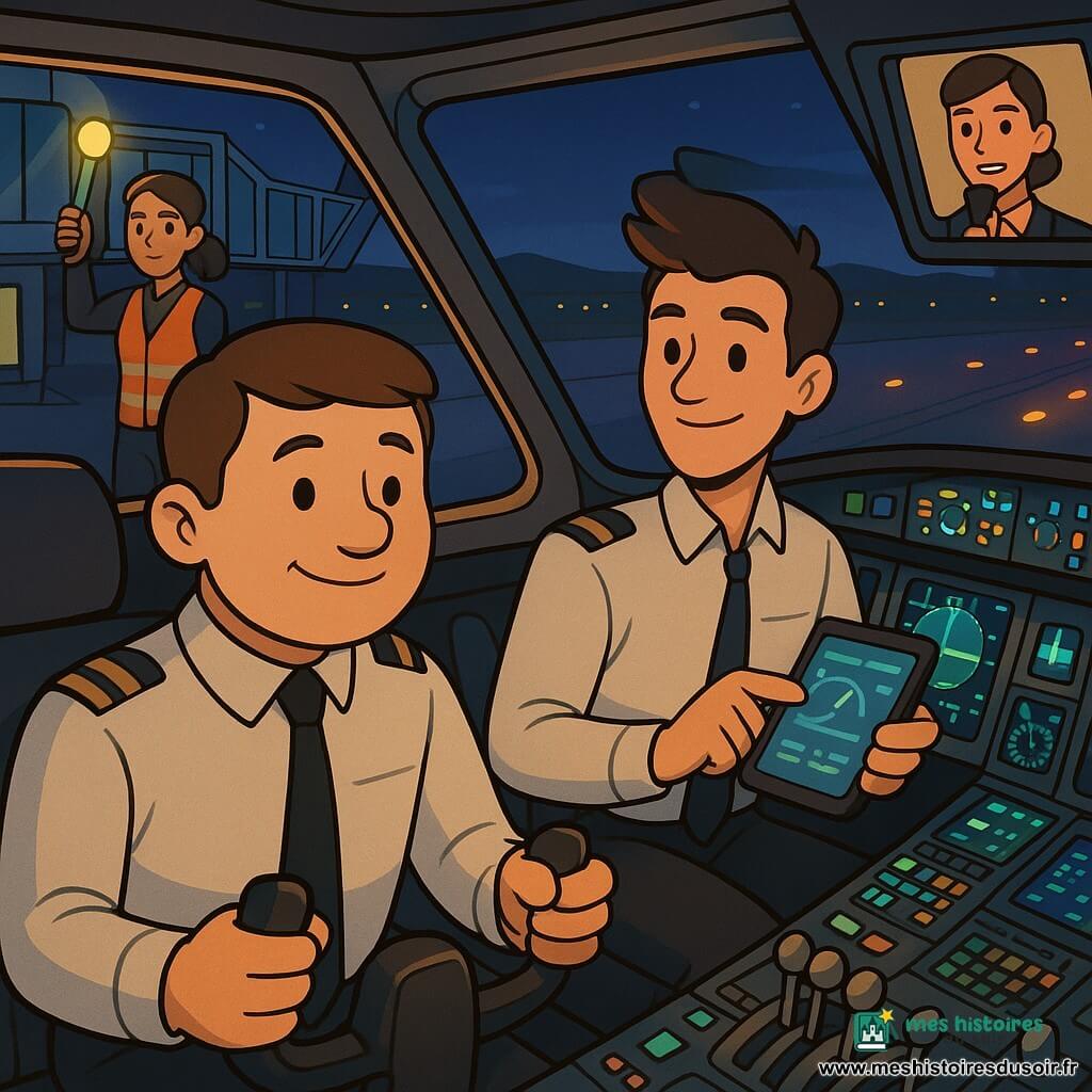 Dans un cockpit d'avion moderne au crépuscule, un pilote souriant aux cheveux châtain tient le manche, concentré et serein, à côté d'un copilote d'environ 28 ans, mèche rebelle, qui consulte une tablette et lui montre des données ; à l'arrière-plan, visible par un hublot, une agente de piste d'environ 35 ans en gilet orange fait des signaux lumineux près de la passerelle, tandis qu'une hôtesse de 30 ans apparaît sur un écran ou via une portière ouverte pour veiller sur les passagers; un petit groupe de collégiens de 12–14 ans, fascinés, est assis près des hublots; tableaux d'instruments colorés, écrans bleus et verts et leviers brillants composent le cockpit, la piste nocturne éclairée par rangées de lumières jaunes crée une atmosphère de tension douce et d'anticipation mêlée à l'excitation des enfants.