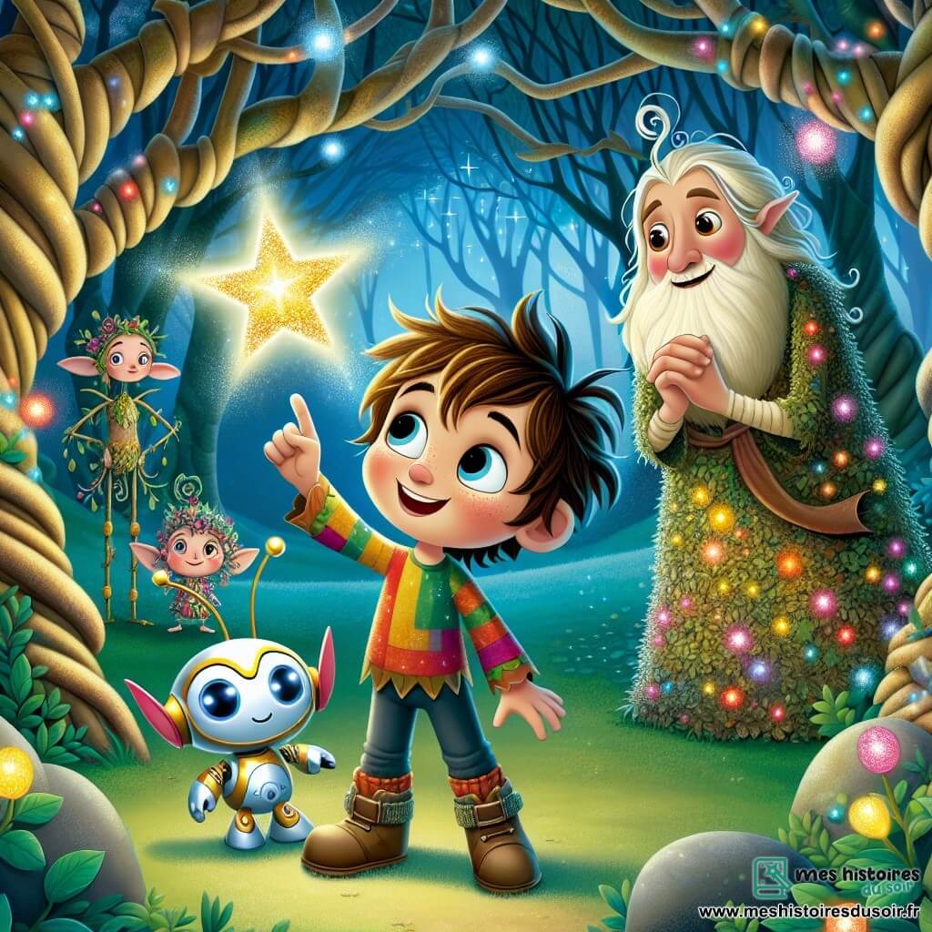 Léo, un garçon de 10 ans aux cheveux en bataille et aux yeux curieux, se tient dans une clairière enchantée. Il porte une tunique colorée et lève la main vers une étoile brillante. À ses côtés, Tink, un petit robot flottant aux lumières multicolores, exprime sa joie. Des créatures magiques, dont une elfe souriante et un gnome curieux, les entourent. La clairière est remplie d'arbres noueux, de fleurs lumineuses et d'un ciel étoilé. Léo, émerveillé, s'apprête à saisir l'étoile, symbole d'aventure et de magie, tandis que les créatures l'encouragent dans une atmosphère de camaraderie et d'espoir.