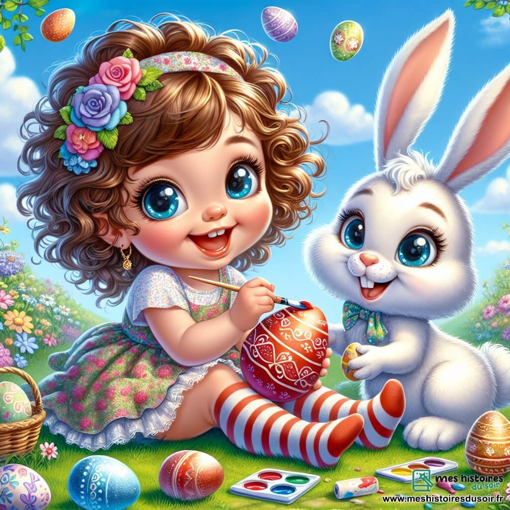 Une petite fille de 2 ans, Lola, sourit en tenant un œuf coloré. Elle porte une robe à fleurs et des chaussettes rayées, assise sur l'herbe. À côté d'elle, un lapin magique peint un œuf rouge avec une brosse. Le décor est un jardin ensoleillé avec des fleurs et un ciel bleu. Lola et le lapin peignent des œufs pour Pâques, entourés de surprises magiques, créant une atmosphère joyeuse.