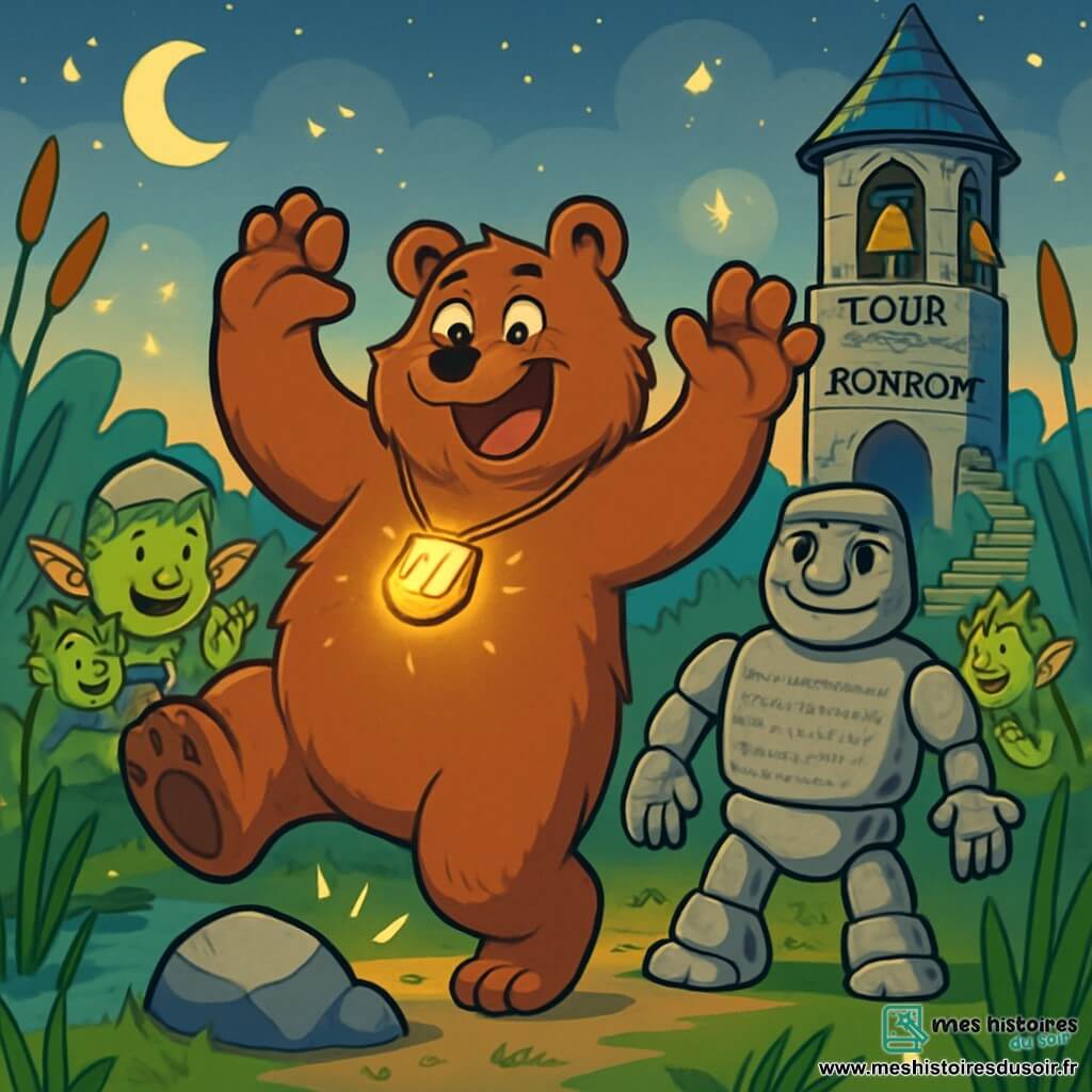 Nestor l'Ours, un grand ours brun souriant, se tient au centre de la scène, les pattes levées, comme s'il venait de trébucher. Son pelage ébouriffé et son amulette fromagère brillante ajoutent à son charme. À ses côtés, Galet-Long, un golem de pierres, affiche un sourire amusé et est prêt pour l'aventure, avec un poème gravé sur son torse. En arrière-plan, la majestueuse Tour du Ronron et ses cloches scintillantes créent une ambiance joyeuse, tandis que des limaces dansent et des trolls applaudissent. La scène se déroule dans un marais verdoyant, illuminé par des lucioles, où Nestor, surpris mais heureux, vient de tomber dans un piège, provoquant les rires de tous.