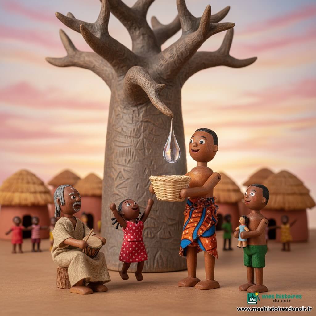Samba, grand et souriant à la peau brune, porte un petit panier en osier et contemple émerveillé une goutte brillante; à gauche un vieux griot aux cheveux gris tressés, assis sur un tronc avec un tambour, écoute en souriant; une fillette en robe rouge à pois saute de joie près de Samba tandis qu’un garçon en short vert tient une poupée et regarde la goutte; au centre-arrière un vieux baobab massif laisse tomber la goutte, le village de maisons rondes en terre cuite et toits de chaume se trouve en arrière-plan sous un ciel soir doré; l’ensemble a l’allure d’un diorama de jouets en bois et tissu, couleurs chaudes, perspective basse, ambiance tendre et magique.