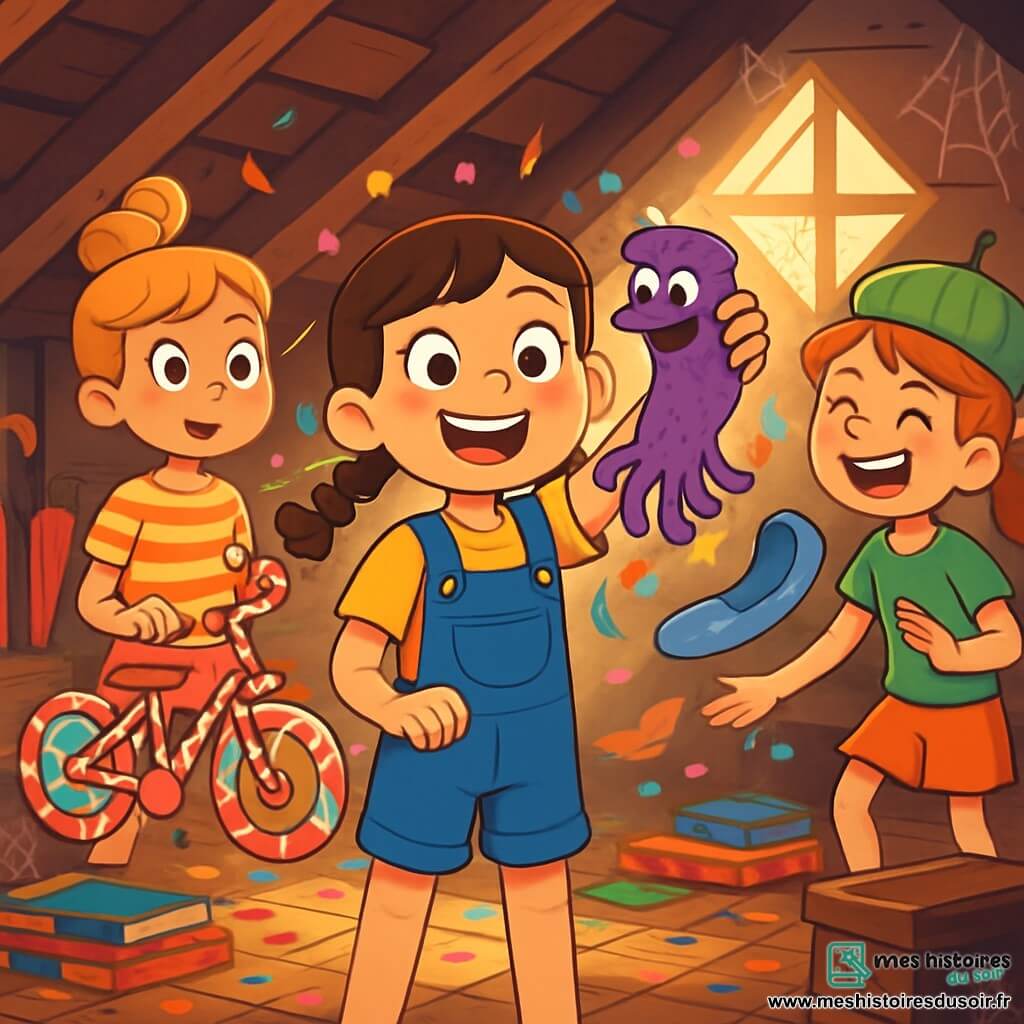 Trois personnages se trouvent dans un grenier lumineux : Adèle, une fille de 10 ans avec des cheveux bruns en tresses, souriante et tenant une chaussette violette à poulpes ; Mathilde, blonde en chignon, curieuse avec un vélo en bonbons ; et Salomé, rousse en queue de cheval, riant avec une pantoufle volante. Le grenier est rempli d'objets étranges et illuminé par une lucarne. Les amies découvrent une chaussette violette qui parle, entourée de confettis et de plumes, et sont émerveillées, prêtes pour une aventure incroyable.