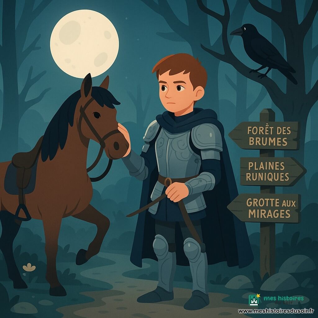 Un jeune chevalier au visage découvert, en armure d'acier gravée et cape bleu nuit, caresse la crinière de son cheval en regardant trois chemins ; Ulysse, grand bai à longue crinière noire, est sellé à sa gauche, oreilles dressées et une patte avant levée ; un vieux corbeau au plumage noir observe perché sur une branche ; le croisement nocturne, éclairé par une grande lune, présente sol de terre battue, racines apparentes et panneaux vers Forêt des Brumes, Plaines Runiques et Grotte aux Mirages, bordé d'arbres tordus, brume légère, fleurs pâles et pierres moussues dans une palette de bleus, verts et gris ; le chevalier hésite au carrefour, mains sur les rênes, la lune éclaire son armure et l'atmosphère est de décision calme.