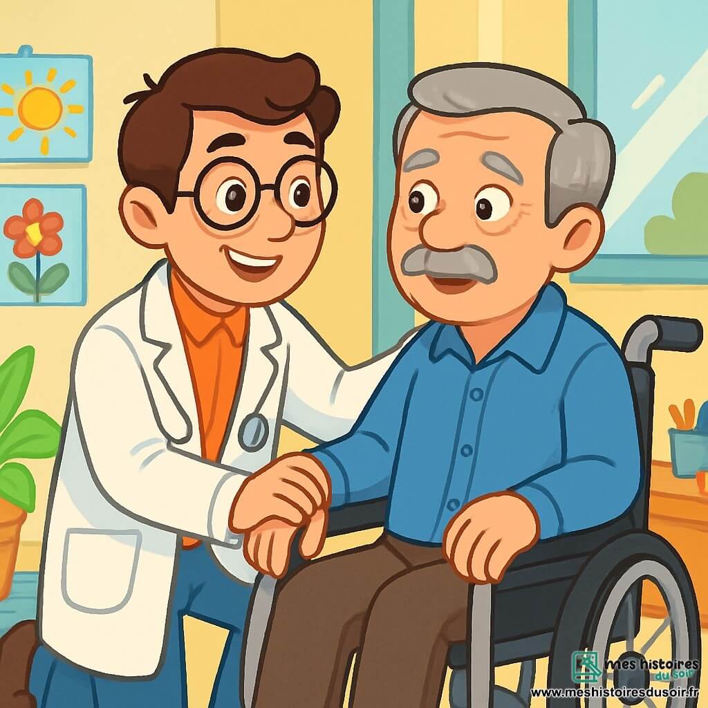 Un homme, le docteur Lucas, souriant et bienveillant, porte une blouse blanche et des lunettes rondes. Il a les cheveux bruns et un visage chaleureux, agenouillé à côté de monsieur Jean, un homme plus âgé assis dans un fauteuil roulant, qui semble soulagé mais inquiet. Monsieur Jean, avec des cheveux gris et une moustache, porte une chemise bleue et regarde le docteur avec gratitude. L'hôpital est lumineux et accueillant, avec des murs aux couleurs douces, des affiches de dessins d'enfants et des plantes. Le docteur Lucas rassure monsieur Jean après une chute, lui expliquant qu'il va bien s'occuper de lui. L’atmosphère est chaleureuse et pleine d’espoir, avec des sourires et des gestes réconfortants.