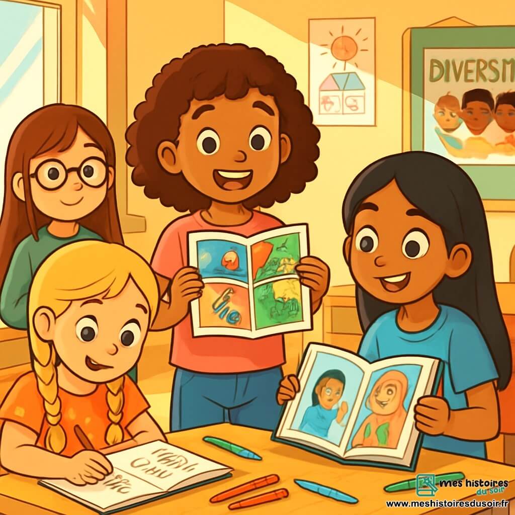 Il y a 4 enfants : Sarah, une fille de 9 ans avec des cheveux bouclés bruns, souriante au centre avec une bande dessinée ; Léa, à gauche, dessinant des personnages dans un carnet, portant une robe à fleurs ; Amara, à droite, avec un livre illustré de sa culture, portant un t-shirt bleu et un pantalon noir ; et Inès, légèrement en arrière, observant avec un carnet de notes, portant des lunettes et un pull vert. La scène se déroule dans une salle de classe lumineuse avec des murs décorés de dessins et d'affiches sur la diversité. Les enfants travaillent ensemble sur un projet de bande dessinée, échangeant des idées et des rires, entourés de matériel de dessin, illustrant leur engagement pour célébrer la diversité et combattre le racisme.
