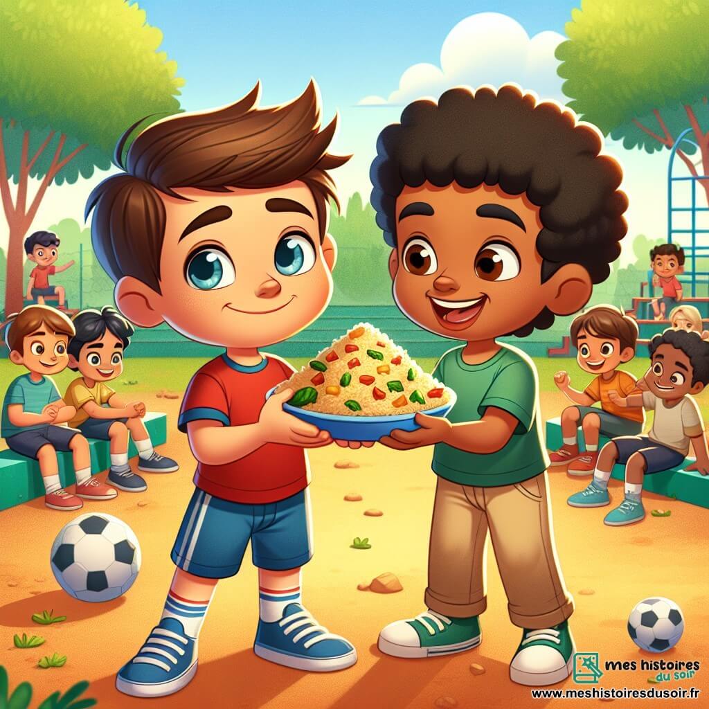 Louis, un garçon de 8 ans aux cheveux châtains et aux yeux bleus, sourit avec détermination au centre de l'image. Il porte un t-shirt rouge et un short bleu, tenant un plat de couscous marocain prêt à le partager. À côté de lui, Karim, également âgé de 8 ans et d'origine marocaine, sourit joyeusement en t-shirt vert et pantalon beige, montrant son enthousiasme. La scène se déroule dans une cour d'école ensoleillée, entourée d'arbres et de jeux, avec d'autres enfants jouant au football et discutant. Louis et Karim partagent un moment de camaraderie, illustrant l'importance de la tolérance et de l'amitié à travers la découverte des cultures.
