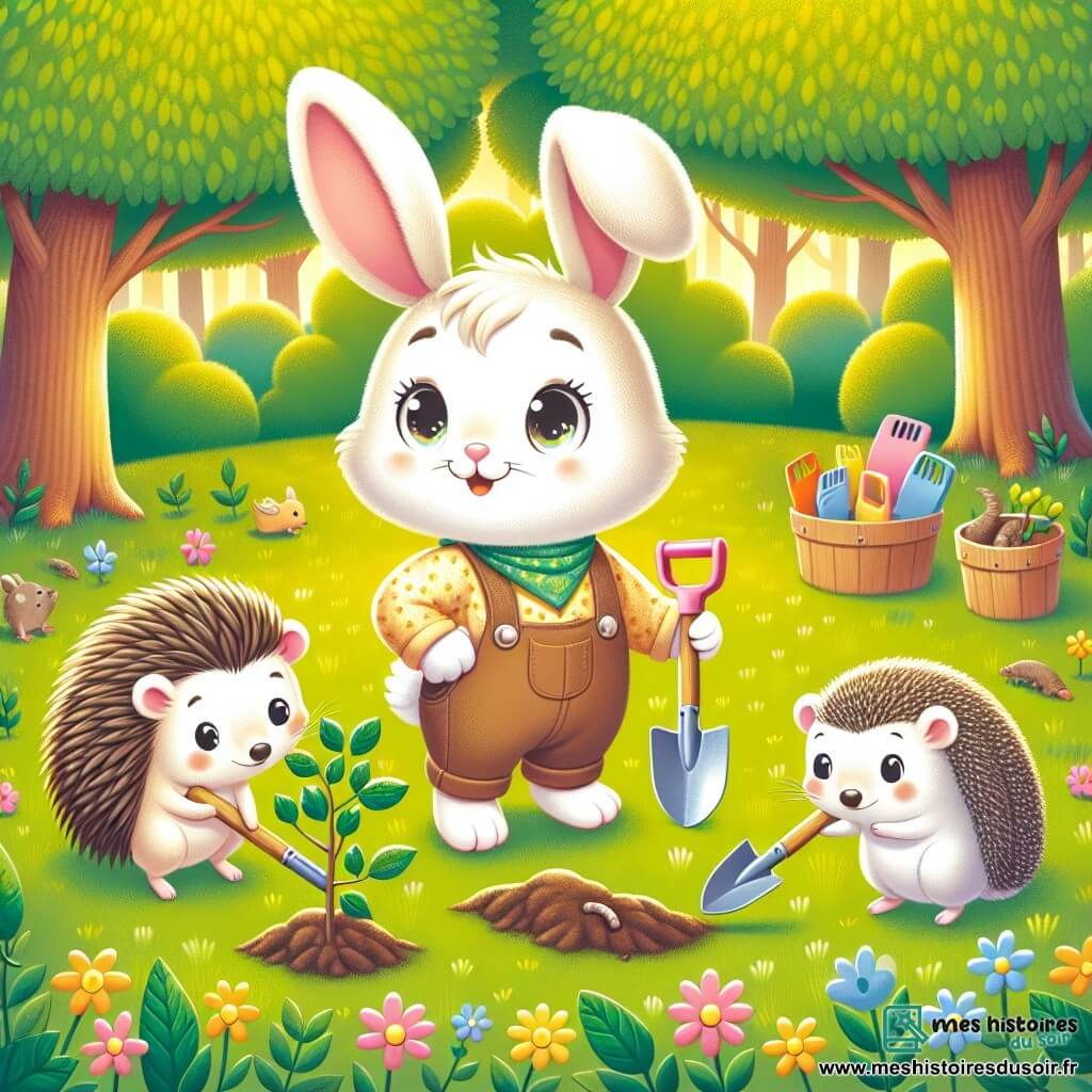Illustration d'un petit lapin au pelage crème, aux grandes oreilles et aux yeux curieux, debout sur ses pattes arrière avec un sourire enthousiaste, tenant une petite pelle pour planter un arbre dans la clairière. À côté, un hérisson fouille le sol à la recherche de vers, tandis qu'une petite souris grise ramasse des déchets avec une boîte. La clairière verdoyante, baignée de lumière dorée et entourée d'arbres majestueux, est parsemée de fleurs colorées et animée par un doux vent. Le lapin et ses amis travaillent ensemble pour planter des arbres et nettoyer la clairière, symbolisant l'esprit d'équipe et l'amour de la nature. Des outils de jardinage colorés, des sachets de graines et des oiseaux chantants ajoutent à l'atmosphère de bonheur et d'harmonie.