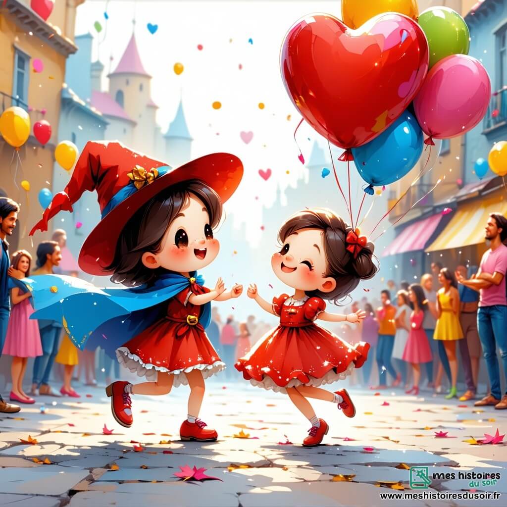 Patacha, une petite chaussure rouge avec un grand chapeau et une cape bleue brillante, danse joyeusement dans une rue animée, son visage rayonnant de bonheur. À ses côtés, Loulou, un ballon en forme de cœur, flotte dans les airs, ses yeux pétillants d'excitation. Le décor est celui d'un carnaval éclatant, avec des confettis multicolores, des stands de friandises et des guirlandes lumineuses. Des clowns jonglent et des magiciens émerveillent la foule. Patacha et Loulou dansent ensemble, entourés de rires et d'applaudissements, célébrant la magie du carnaval.