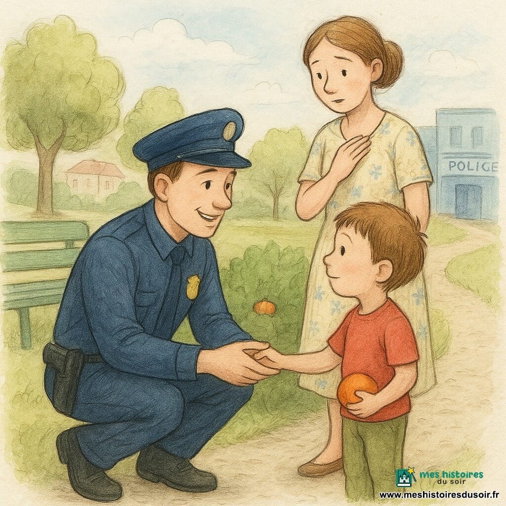 Un policier souriant en uniforme bleu accroupi tient doucement la main d’un petit garçon d’environ six ans (Tom) aux cheveux châtain qui tient une petite balle orange, tandis que la mère (Lila), d’une trentaine d’années en robe claire, se tient un peu en retrait, soulagée, un buisson vert derrière eux où la balle est coincée ; on devine un parc de quartier lumineux avec pelouse, sentier et banc, et en arrière-plan des arbres, des immeubles bas et le commissariat bleu ; le policier récupère la balle dans une atmosphère chaleureuse et rassurante.