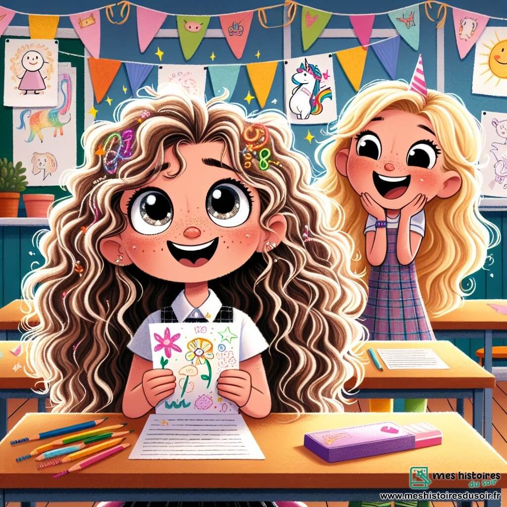 Zoé, une petite fille de 8 ans aux longs cheveux bouclés, sourit avec des yeux brillants d'excitation en tenant une feuille de papier colorée ornée de dessins d'animaux et de flèches. À ses côtés, sa meilleure amie Margot, également âgée de 8 ans avec des cheveux blonds, l'encourage en souriant et tenant une gomme en forme de licorne. En arrière-plan, la classe est décorée de guirlandes colorées et de dessins, avec des tables en bois et des chaises multicolores. Zoé, nerveuse mais déterminée, se prépare à lire son histoire devant ses camarades, entourée de rires et d'encouragements qui dissipent son anxiété.
