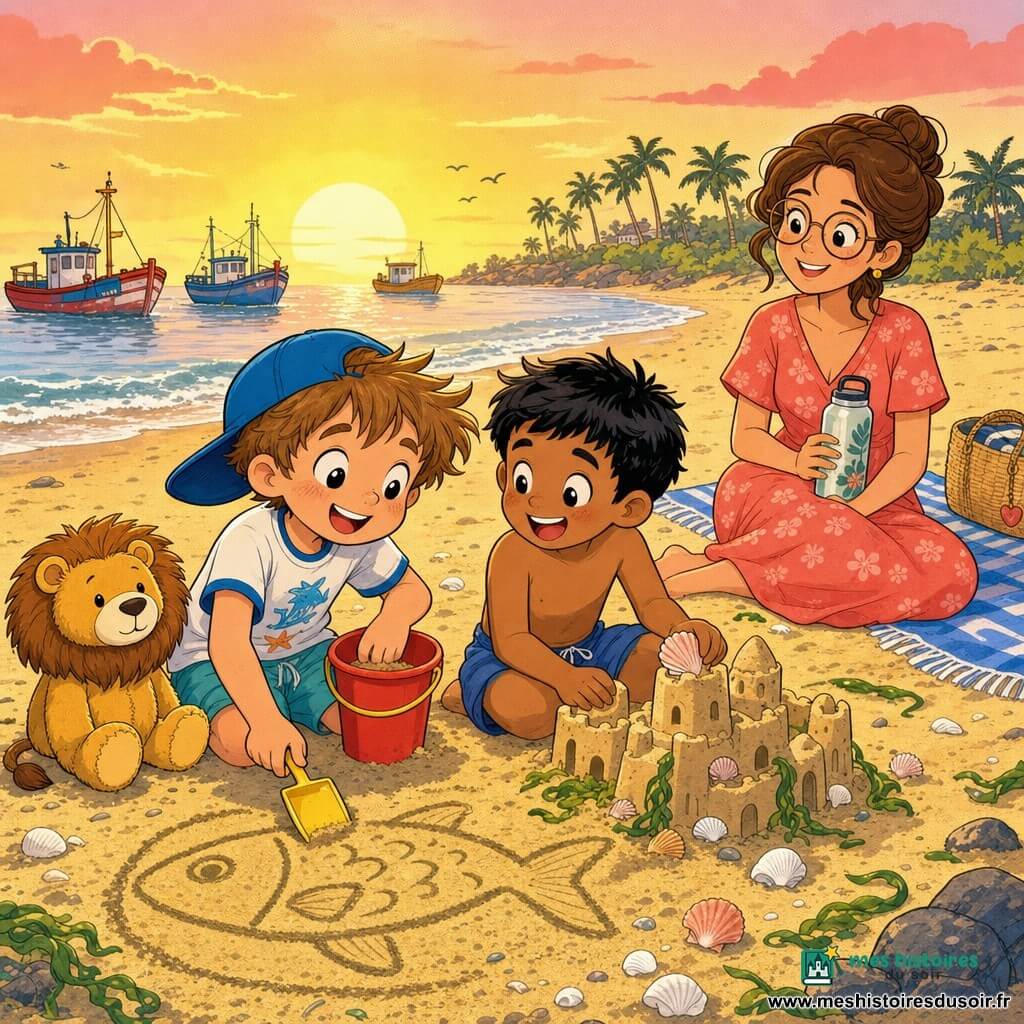 Deux garçons de 6 ans se lient d’amitié sur la plage au lever du soleil : l’un, châtain clair en bataille, casquette bleue de côté, doudou lion à droite, tient un petit seau rouge et une pelle jaune et trace un grand poisson dans le sable ; l’autre, peau plus foncée, cheveux noirs courts, short bleu, rit en modelant un petit château de sable décoré de coquillages à côté de lui. Une femme d’environ 30–35 ans, souriante et bienveillante, lunettes rondes et robe corail, est assise sur une couverture derrière eux en tenant une gourde. Sable doré, vagues douces argentées, bateaux de pêche colorés à l’horizon, palmiers en silhouette, coquillages blancs et algues vertes éparpillés ; ambiance chaleureuse, gestes simples et sourires partagés.