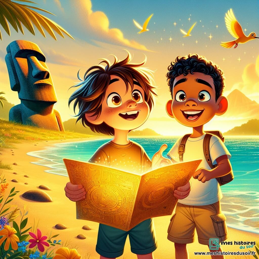 Léo, un jeune garçon aux cheveux bruns en bataille et aux yeux curieux, se tient sur une plage de sable doré, souriant. Il tient une carte magique brillante, tandis que son regard est tourné vers l'horizon. À ses côtés, Rapa, un garçon local aux cheveux noirs et aux yeux vifs, sourit en pointant une grande statue moai derrière eux. Le décor est une île tropicale avec des palmiers, des fleurs colorées et un océan turquoise sous le soleil couchant. Léo et Rapa explorent ensemble les merveilles de l'île de Pâques, remplis d'excitation pour l'aventure à venir.