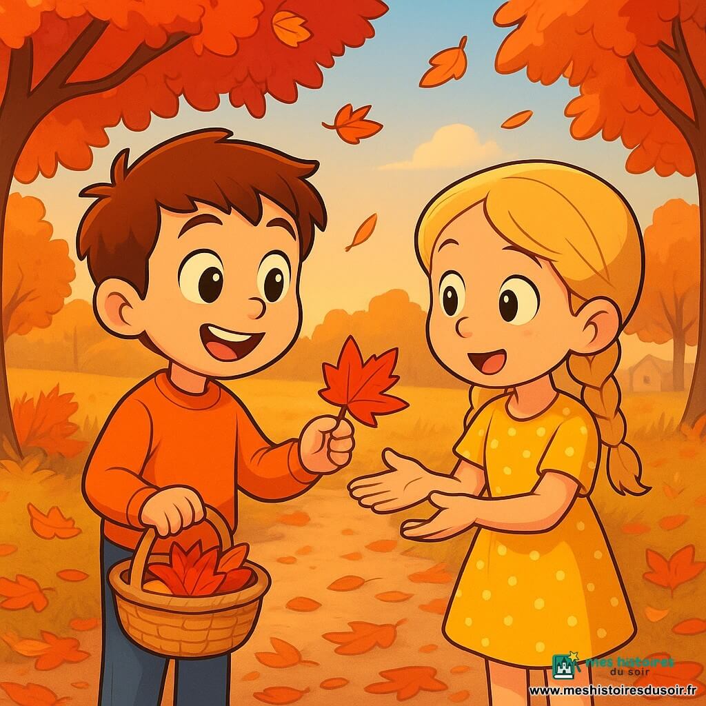 Léo, garçon de 6 ans, joyeux, cheveux châtains courts, pull orange et jean, tend une feuille rouge d’un petit panier en osier à Clara, fille de 6 ans, souriante, cheveux blonds en tresses et robe jaune à pois ; ils sont au centre d’un chemin bordé d’arbres d’automne aux feuilles rouges, oranges et jaunes, un tapis de feuilles au sol et quelques feuilles tourbillonnantes autour d’eux, arrière-plan flou de terrain vague et maison sous une douce lumière d’après-midi, plan moyen, couleurs saturées, textures lisses et expressions nettes.