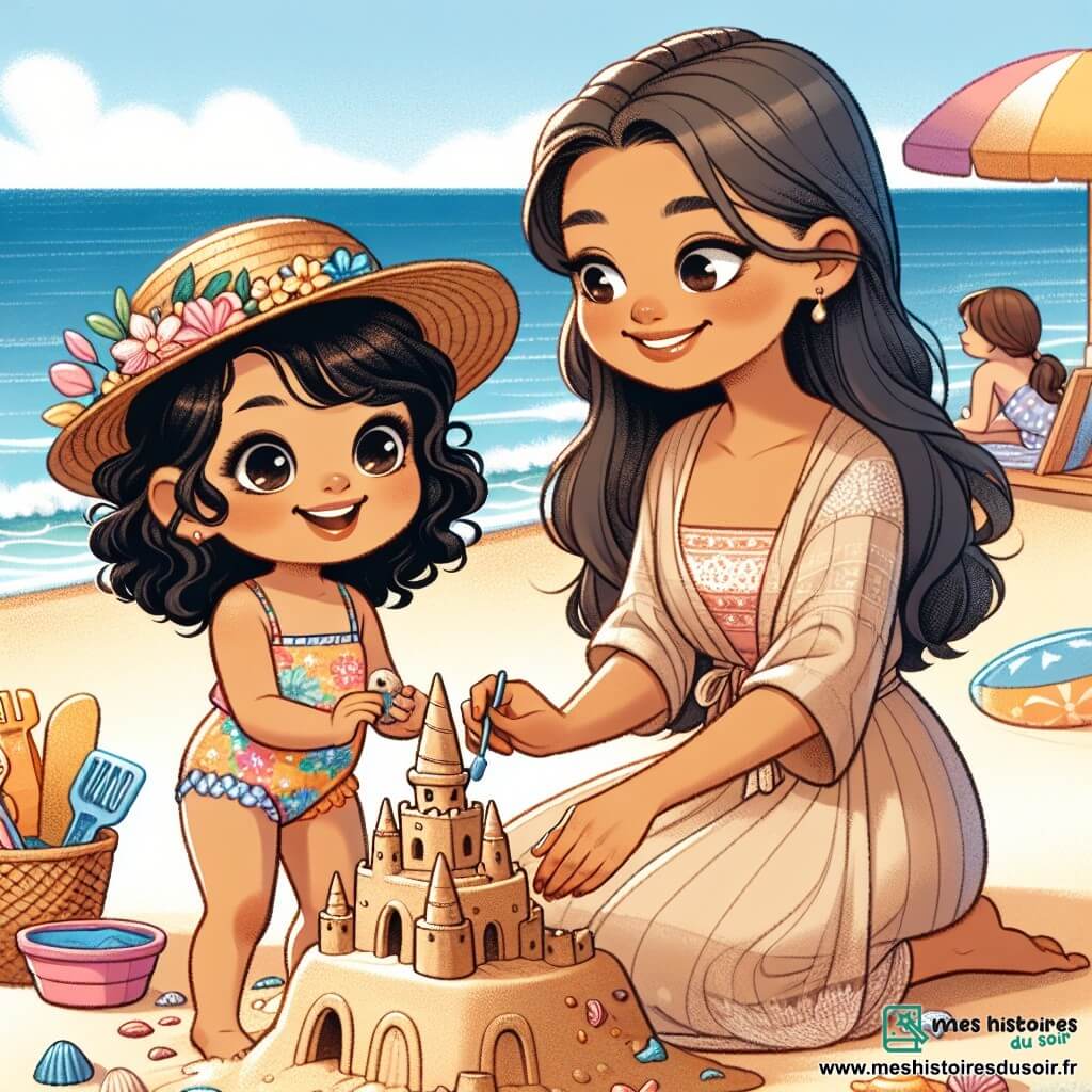 Lola, une petite fille de 2 ans aux grands yeux brillants et cheveux bouclés, sourit en construisant un château de sable sur la plage. Elle porte un maillot de bain coloré et un chapeau de paille. Sa maman, une femme d'une trentaine d'années, l'aide à décorer le château avec des coquillages, vêtue d'une robe légère et d'un paréo. La plage est ensoleillée avec du sable doré, des vagues douces et des parasols colorés. Ensemble, elles créent un magnifique château de sable, entourées de rires d'enfants et du bruit des vagues.