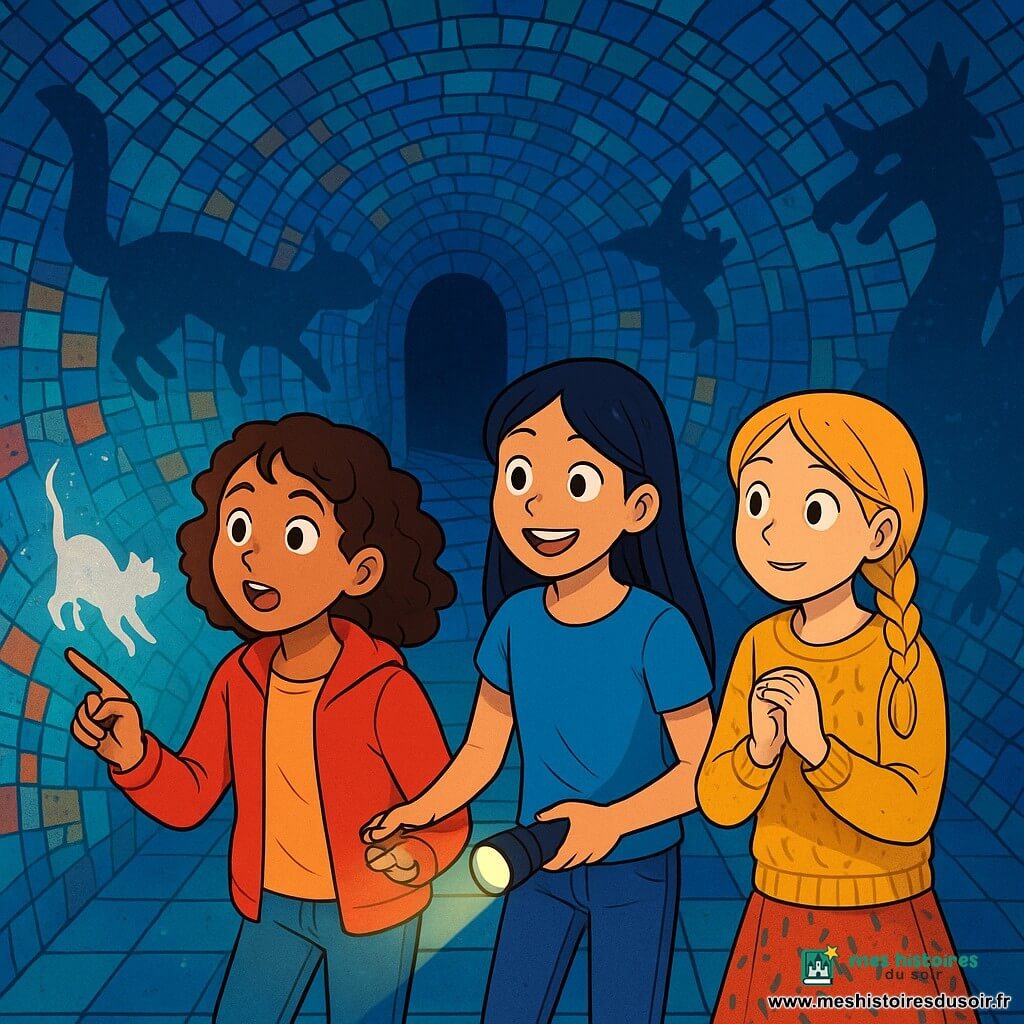 Trois personnages sont présents : Lila, une fille de 10 ans aux cheveux bouclés et bruns, portant une veste rouge vif, pleine d'énergie et curieuse ; Nour, également âgée de 10 ans, avec des cheveux lisses et noirs, vêtue d'un t-shirt bleu et d'un jean, souriante et tenant une lampe de poche ; et Zoé, avec des cheveux blonds tressés, habillée d'un pull jaune et d'une jupe à motifs, observant le tunnel avec émerveillement. Le tunnel mystérieux est orné de mosaïques colorées scintillant sous une lumière bleue douce, avec un sol en carreaux brillants et des ombres dansantes formant des silhouettes d'animaux fantastiques. Les trois amies s'aventurent dans ce tunnel fascinant, Lila pointe un chat argenté s'échappant dans un passage secret, Nour éclaire le chemin, et Zoé admire la magie environnante.