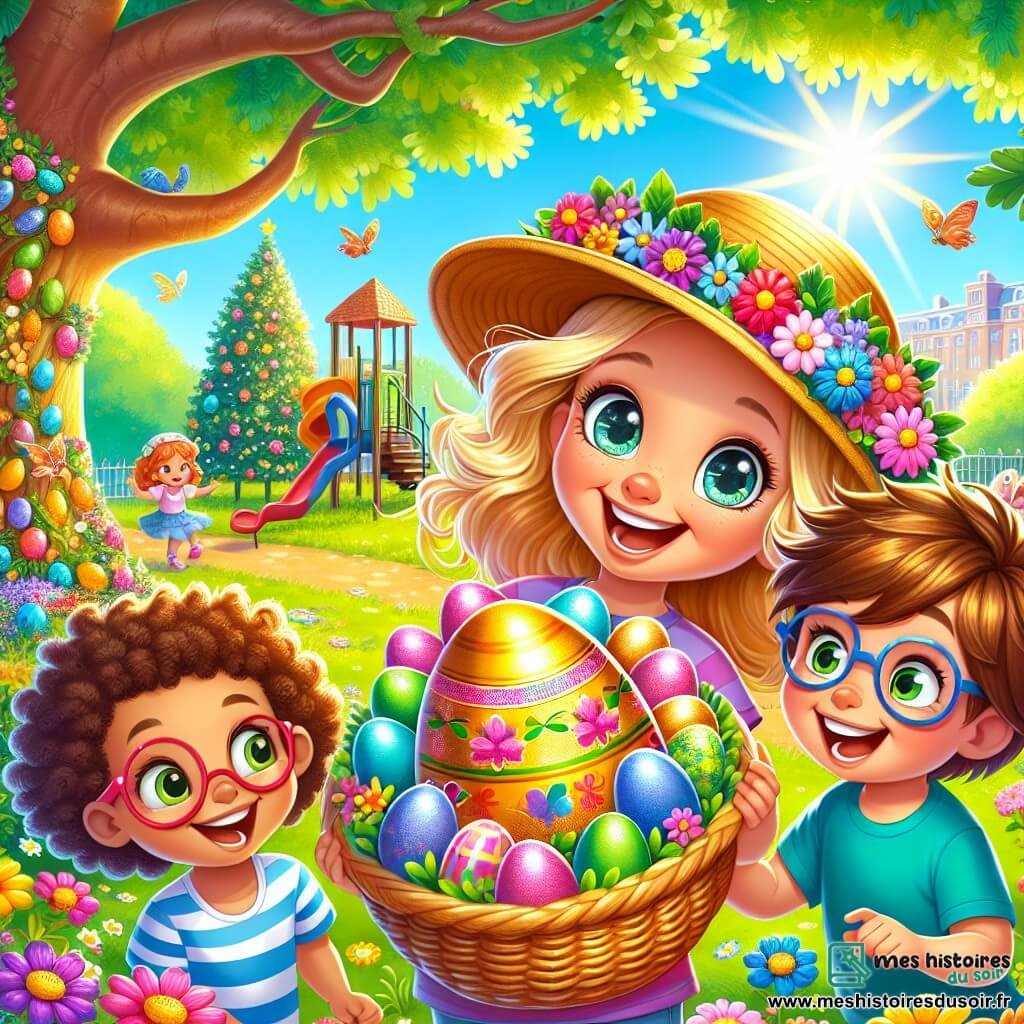 Une petite fille de 6 ans, Lila, souriante, tient une panière en osier remplie d'œufs colorés. Elle porte un chapeau fleuri. À sa droite, Tom, un garçon de 6 ans en t-shirt bleu, admire un œuf en chocolat, tandis qu'à sa gauche, Mia, avec des lunettes roses et des cheveux bouclés, montre un gros œuf doré caché derrière un arbre. Le décor est un parc ensoleillé avec des fleurs et des jeux colorés. L'image illustre Lila et ses amis découvrant l'œuf doré, symbole de Pâques et d'amitié.
