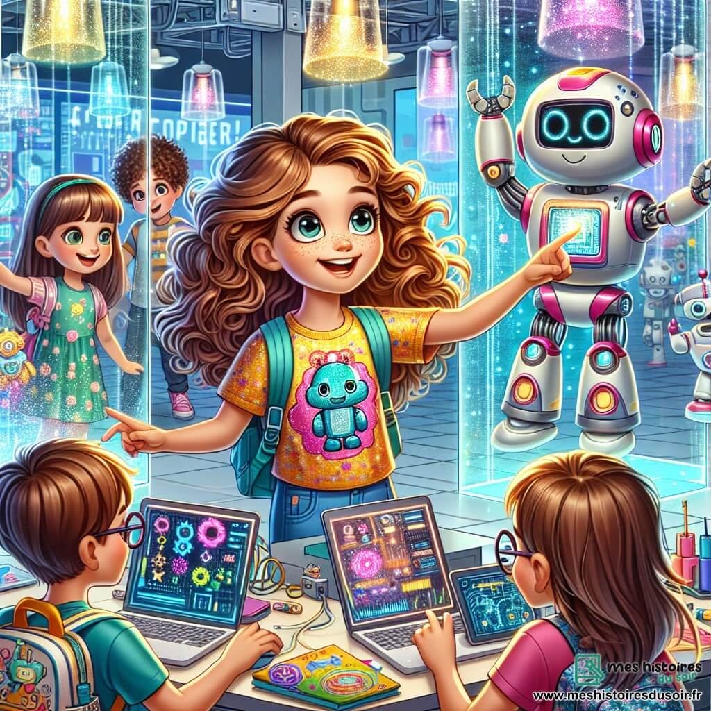 Au premier plan, Lina, une fille de 11 ans avec des cheveux châtains bouclés et un grand sourire, pointe un robot dansant qui s'anime devant elle. À ses côtés, Sofia, 10 ans, observe le robot avec curiosité, tenant une tablette. Un peu plus loin, Rayan, 11 ans, programme un autre robot sur son ordinateur portable. La scène se déroule dans la salle de robotique de TechnoMerveille, un espace futuriste avec des murs en verre, des machines brillantes, des hologrammes et des plantes grimpantes. Lina et ses amis découvrent joyeusement le robot qu'ils ont construit ensemble, illustrant l'esprit d'aventure et d'innovation de cet espace éducatif.