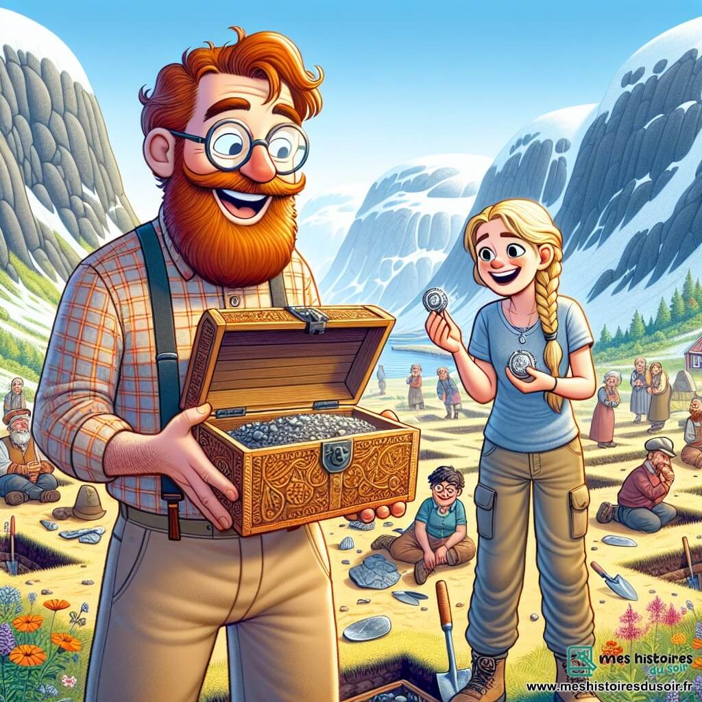 Anton, un archéologue à la barbe rousse et aux lunettes rondes, se tient debout, excité, avec une truelle dans une main et un coffre en bois orné dans l'autre, prêt à l'ouvrir. À ses côtés, Ingrid, une jeune archéologue de 25 ans avec des cheveux blonds en tresse, sourit en examinant un bijou en argent. Ils se trouvent sur un site de fouilles au bord d'un fjord norvégien, entourés de montagnes enneigées et de fleurs sauvages. Le sol est rempli d'artefacts antiques, et des villageois curieux les entourent. Anton et Ingrid ouvrent le coffre, révélant des trésors vikings, tandis que des enfants du village les regardent avec émerveillement.