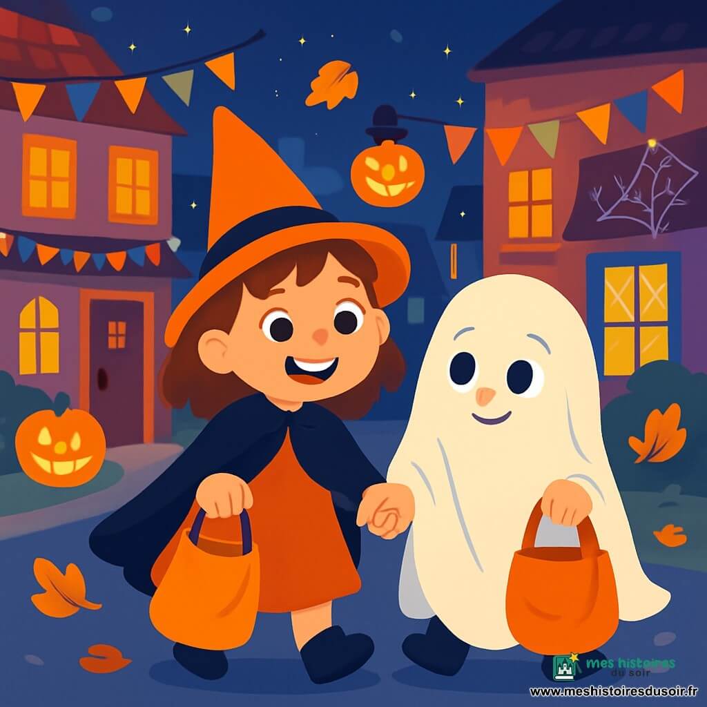 Mila, une petite fille de 4 ans, souriante et joyeuse, porte un chapeau orange pointu et une cape noire. Ses yeux brillent d'excitation alors qu'elle tient la main de son ami Léo, un garçon de 2 ans déguisé en fantôme avec un drap blanc. La scène se déroule dans une rue animée d'Halloween, illuminée par des lanternes en forme de citrouille et décorée de guirlandes colorées. Mila et Léo avancent main dans la main, saluant les voisins avec des sacs en tissu remplis de bonbons, tout en riant et en s'amusant.