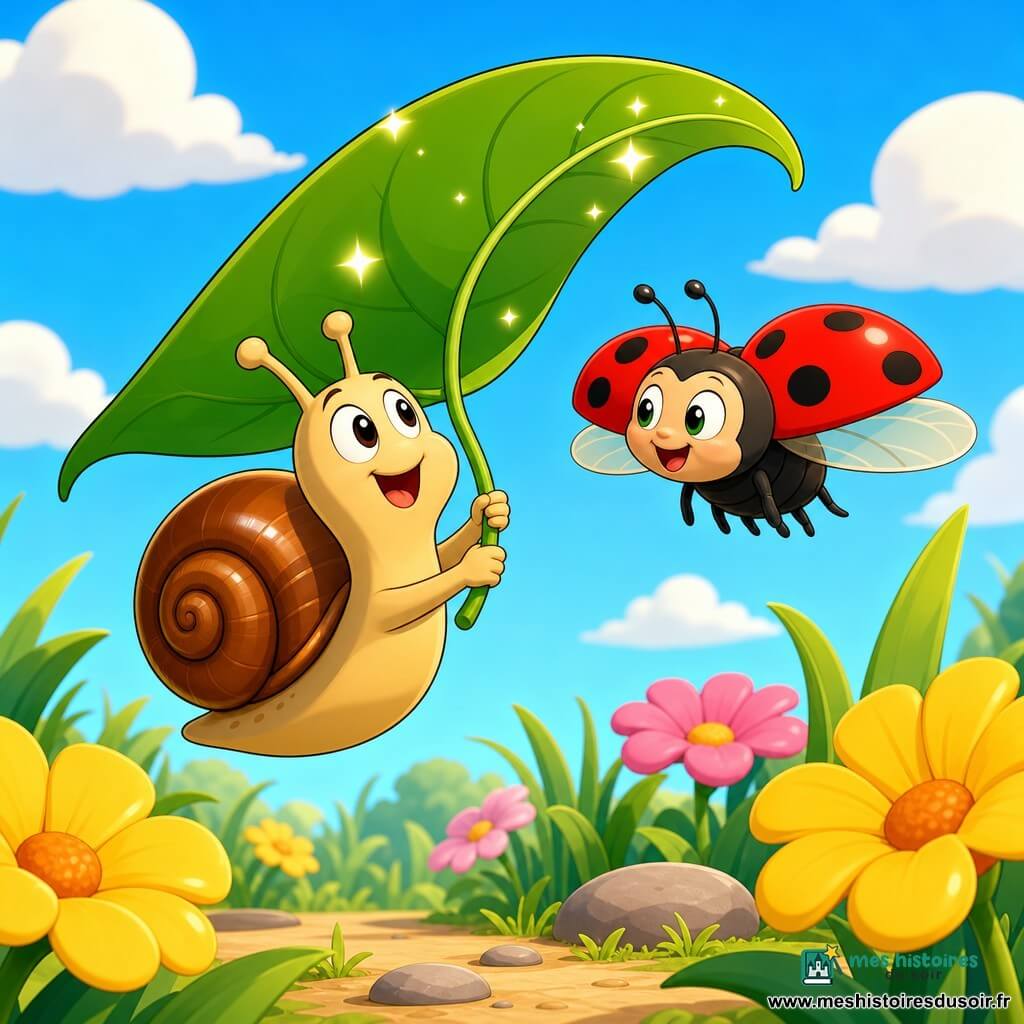 Un petit escargot nommé Gaston, coquille spirale brillante et corps lisse, yeux ronds souriants, flotte légèrement au‑dessus d'un jardin lumineux en tenant une grande feuille verte scintillante comme aile; une coccinelle rouge à pois noirs vole à ses côtés, regard bienveillant; herbes tendres, fleurs jaunes et roses, petits cailloux et ciel bleu avec nuages cotonneux; ambiance magique, sereine et joyeuse, lumière chaude du matin, couleurs vives, traits nets et ombres douces en cel‑shading.