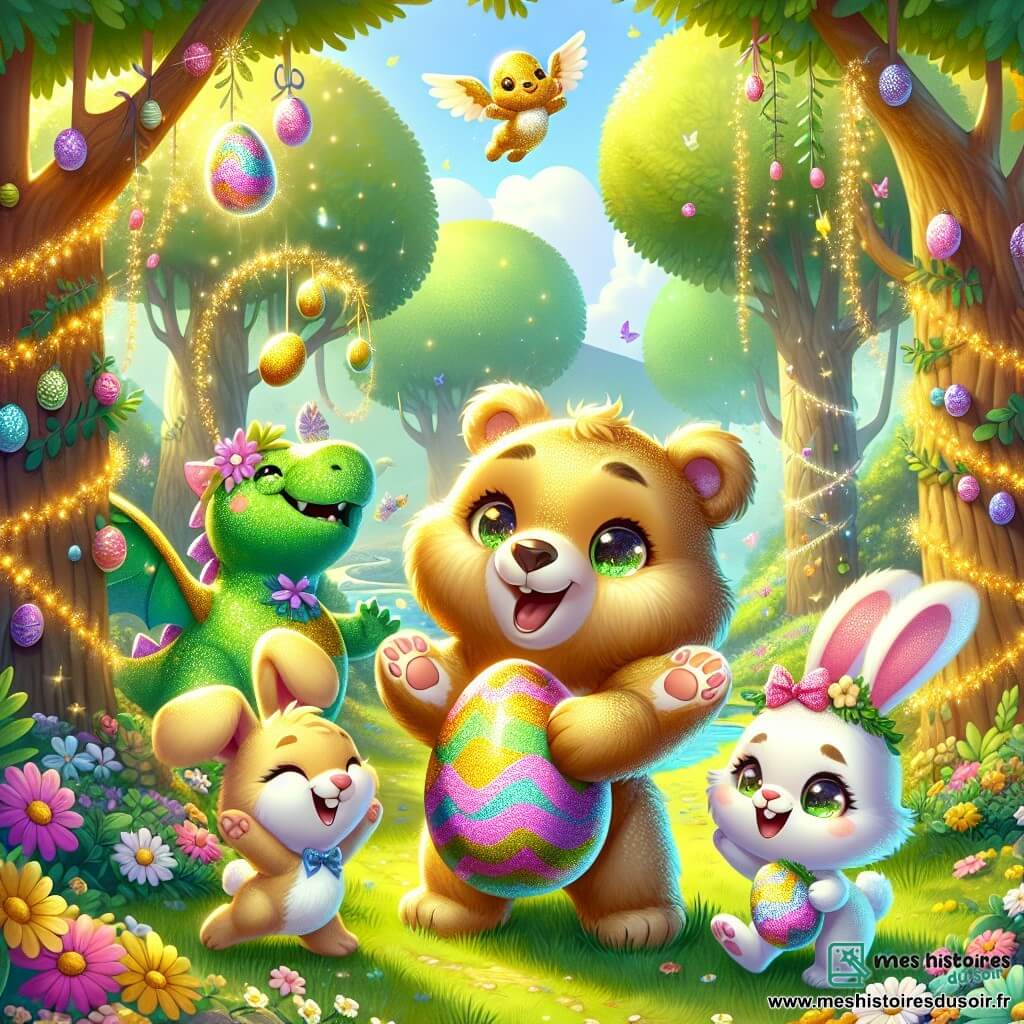 Un ours nommé Oogie, avec un pelage doré, se tient au centre d'une clairière, souriant en tenant un œuf en chocolat coloré. À ses côtés, une lapine blanche nommée Lila saute de joie, tandis qu'un dragon vert scintillant nommé Flammy s'envole joyeusement au-dessus de la scène. La clairière, entourée d'arbres aux feuilles vertes et de fleurs colorées, crée une atmosphère festive. Oogie, Lila et Flammy célèbrent la fête de Pâques, riant et partageant des moments de bonheur, entourés d'œufs en chocolat cachés dans l'herbe.