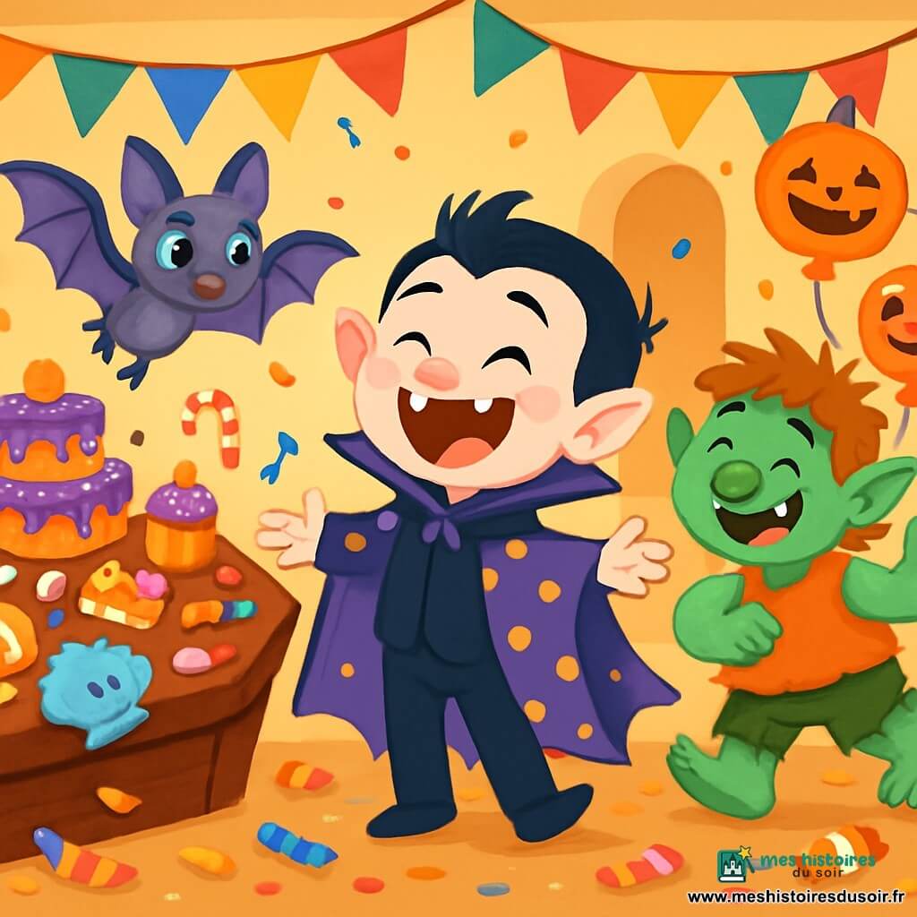 Vlad, un petit vampire joyeux avec une cape violette à pois jaunes, rit aux éclats au centre d'une pièce en désordre. Mina, une petite chauve-souris aux ailes brillantes, vole autour de lui, tandis que Gaston, un troll aux cheveux en désordre, danse avec un grand sourire. La fête est décorée de guirlandes colorées et de ballons citrouilles, avec une table en forme de cercueil remplie de gâteaux et de bonbons. Dans cette scène festive, Vlad et ses amis s'amusent ensemble, riant et dansant, accompagnés par le chant drôle d'un coquillage magique.