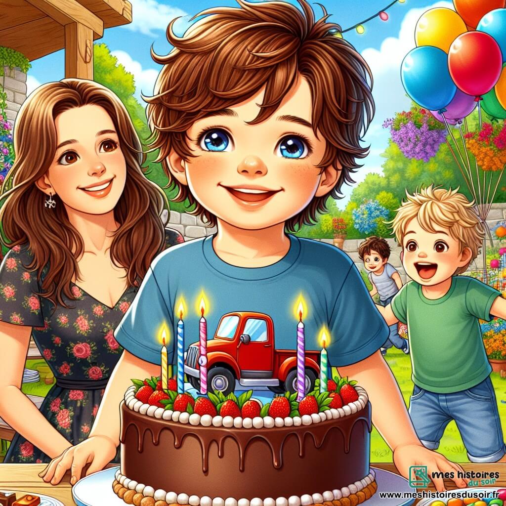 Timéo, un petit garçon de 4 ans avec des cheveux châtains en bataille et un grand sourire, se tient au centre du jardin, prêt à souffler les bougies de son gâteau d'anniversaire. Il porte un t-shirt bleu avec un dessin de camion et un short rouge. Sa maman, une femme d'une trentaine d'années avec des cheveux longs et bruns, sourit et tient une assiette de bonbons colorés. À côté, son meilleur ami Léo, également âgé de 4 ans, saute de joie avec un t-shirt vert et un short en jean. Le jardin est décoré de ballons colorés, de fleurs éclatantes et d'une grande table avec un gâteau au chocolat. L'ambiance est joyeuse, remplie de rires et d'excitation.