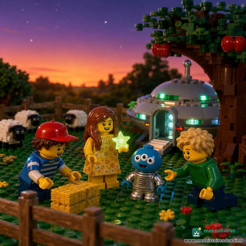 Quatre personnages : Tom (~8 ans) accroupi à gauche, cheveux bruns courts, casquette rouge et t-shirt rayé bleu, regard émerveillé vers le vaisseau ; Jade (~7 ans) au centre, cheveux longs châtain, robe jaune à fleurs, tenant un petit badge étoilé qui brille vert pâle ; Léo (~8 ans) à droite, cheveux blonds en bataille, pull vert, un genou au sol, main tendue vers la créature ; Pilo, petite créature ronde bleue en briques à trois yeux scintillants et combinaison argentée, souriant devant un vieux pommier. Lieu : enclos de ferme en briques LEGO au crépuscule, sol en herbe texturée, vieille barrière en bois, pommier aux feuilles vert foncé et pommes rouges, botte de foin jaune et moutons miniatures en arrière-plan, ciel mauve-orangé avec étoiles naissantes. Situation : petit vaisseau rond en briques posé près du pommier, porte ouverte, lumières vertes et argentées ; enfants et Pilo en cercle autour du badge brillant au centre, ambiance chaleureuse et magique, contrastes entre le coucher de soleil et les lueurs froides du vaisseau.