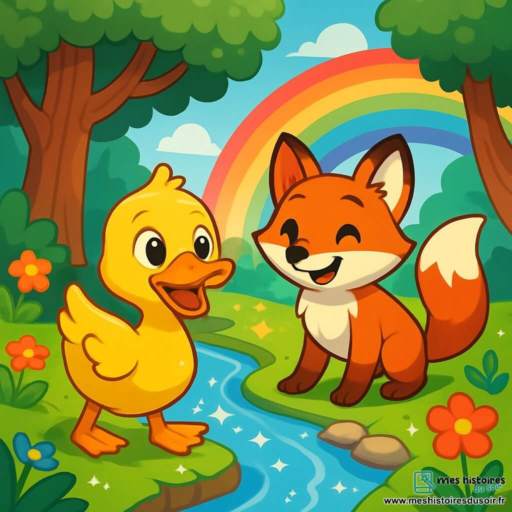 Un canard nommé Gustave, au plumage doré et aux yeux curieux, se tient au bord d'un ruisseau, affichant joie et détermination. À ses côtés, un renard roux nommé Broussaille l'encourage avec un sourire, prêt à l'accompagner dans l'aventure. Ils se trouvent dans une forêt enchantée, entourés d'arbres épais et de fleurs colorées, sous un arc-en-ciel après une pluie. Gustave et Broussaille se préparent à traverser un pont de lumière formé par les rayons du soleil, symbolisant leur courage et leur amitié, prêts à découvrir le trésor des fées.