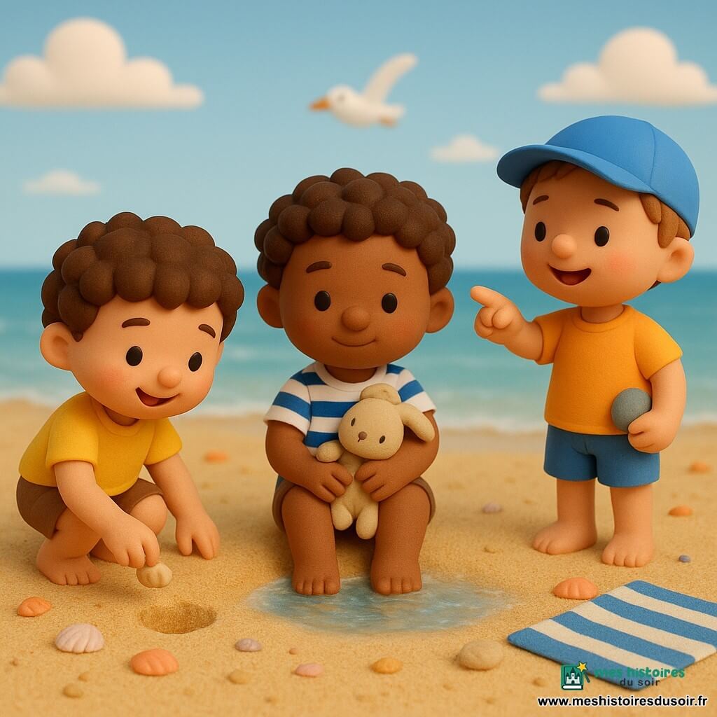 Trois garçons — Léo (3 ans, cheveux bouclés bruns, t-shirt blanc et bleu, tient un doudou beige) trempe ses orteils au centre; Sami (4 ans, joues roses, yeux pétillants, t-shirt jaune) à gauche ramasse des coquillages près d'un petit trou; Jules (3 ans, casquette bleue, cheveux courts, large sourire) à droite, debout, regarde la mer en montrant une mouette; plage de sable doré avec coquillages, petites vagues, ciel bleu, serviette rayée et petit château de sable; scène ensoleillée, couleurs vives, ambiance joyeuse et sécurisante.
