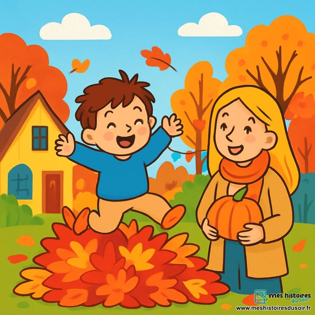 Un petit garçon de 2 ans, nommé Tom, avec des cheveux bruns en désordre et des yeux pétillants, saute dans une grande pile de feuilles d'automne colorées. Il porte un pull bleu et un pantalon beige, affichant un sourire éclatant. À côté de lui, sa maman, une femme d'environ 30 ans aux cheveux longs et blonds, sourit en le regardant, tenant une petite citrouille orange. Le lieu est un charmant village en automne avec des maisons en bois, des arbres aux feuilles flamboyantes et un ciel bleu clair. Tom, émerveillé, saute joyeusement dans les feuilles, tandis que sa maman l'encourage, créant une scène pleine de joie.