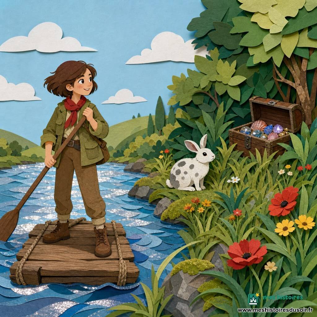 Léo, jeune exploratrice souriante et déterminée aux cheveux châtain courts, vêtue d'une veste kaki et d'un foulard rouge, se tient debout sur un petit radeau en bois qui touche la rive d'une rivière scintillante, rame en main, tandis qu'un petit lapin blanc tacheté de gris l'observe depuis la berge droite et la guide du regard vers un bosquet où, à demi caché sous des feuilles, un coffre ancien est ouvert avec coquillages et pierres brillantes; la plaine herbeuse aux hautes herbes ondulantes, fleurs sauvages et pierres moussues s'étend jusqu'à une douce colline sous un ciel bleu clair, l'atmosphère est d'aventure et de découverte.