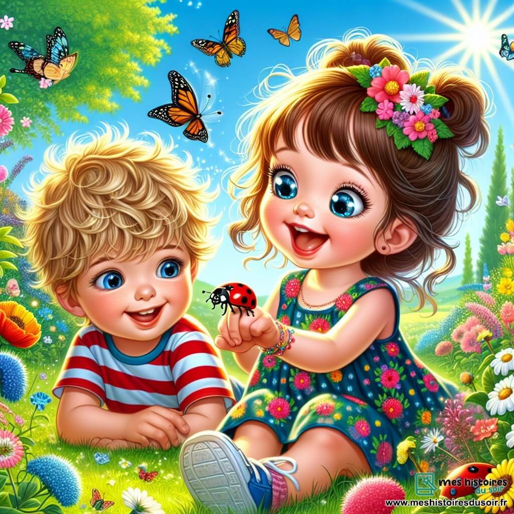 Une petite fille de 2 ans, avec de grands yeux pétillants et des cheveux bouclés, porte une robe colorée à fleurs. Elle est joyeuse, souriante, et tient une petite coccinelle sur son doigt. À côté d'elle, un garçon de 3 ans, avec des cheveux blonds en bataille et un t-shirt rayé, regarde la coccinelle avec enthousiasme. Assis sur l'herbe, les jambes croisées, il sourit, partageant ce moment magique. Le jardin est rempli de fleurs éclatantes, de papillons et d'arbres verdoyants sous un ciel bleu clair. La petite fille et son ami jouent ensemble, découvrant les merveilles du jardin, avec des pots de trésors cachés autour d'eux.