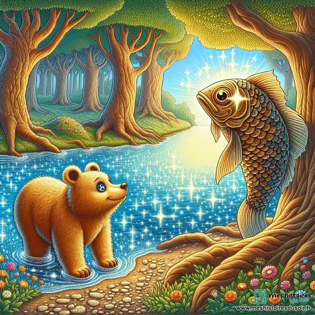 Un ours au pelage doré et doux, avec des yeux brillants, se tient au bord d'une rivière étincelante, affichant une expression de curiosité. À côté, un vieux poisson aux écailles scintillantes flotte paisiblement, ayant un air sage. En arrière-plan, une forêt enchantée s'étend, avec des arbres noueux et des fleurs colorées, tandis que la lumière du soleil filtre à travers les branches. L'ours contemple la rivière, écoutant le poisson, symbolisant la quête de sagesse et de bonheur dans la nature.