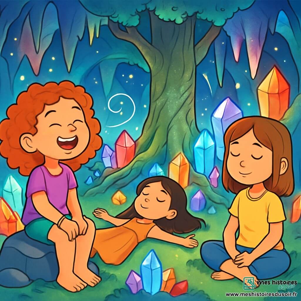 Trois personnages se trouvent dans une grotte magique : Lila, une fille de 9 ans aux cheveux bouclés et bracelet coloré, sourit en respirant profondément sur une pierre ; Jade, 10 ans, avec de longs cheveux et une robe légère, écoute les sons de la grotte allongée sur la mousse ; Capucine, 9 ans, cheveux châtains, est assise en tailleur, respirant calmement. La grotte est illuminée par des cristaux scintillants et un grand arbre aux racines enroulées se dresse au centre. L'atmosphère est apaisante, remplie de lumière et de mélodies. Les trois amies pratiquent la respiration zen, leurs visages sereins, enveloppées par une ambiance de paix et de bien-être.