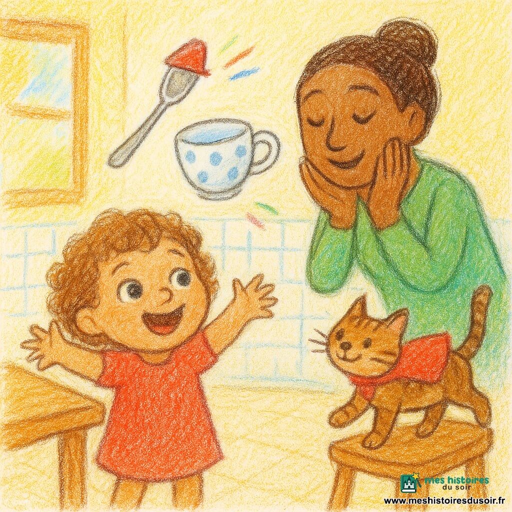 Une fillette de 2 ans, joyeuse et émerveillée, cheveux bouclés châtain clair, rit en jouant avec une tasse blanche à motifs bleus qui flotte devant elle, les bras tendus ; sa maman souriante, cheveux attachés, se tient derrière et souffle doucement pour la faire redescendre, regard tendre ; un chaton fier portant une petite cape rouge trotte à côté de la chaise comme un cheval, une cuillère argentée coiffée d’un petit chapeau rouge saute en laissant des étincelles, une chaise en bois semble sourire ; cuisine lumineuse et douce aux murs jaune pâle, carreaux blancs, table en bois clair et grandes fenêtres laissant entrer un soleil matinal, scène de jeu magique et câline avec objets qui dansent, couleurs douces, traits de crayon visibles, textures papier et ombres légères.