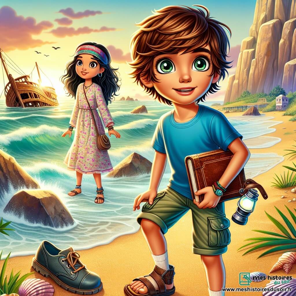 Un garçon de 12 ans, Louka, aux cheveux châtains en bataille et aux yeux curieux, se tient sur une plage dorée, le visage illuminé par l'excitation. Il porte un t-shirt bleu et un short en cargo, tenant un vieux carnet en cuir, regardant une épave de bateau au loin. À ses côtés, sa meilleure amie Jade, 11 ans, aux cheveux longs et noirs avec un bandeau coloré, sourit et tient une lampe torche. En arrière-plan, la mer scintille sous le soleil couchant, entourée de rochers, créant une ambiance mystérieuse. Louka et Jade, déterminés et excités, sont prêts à explorer l'épave, entourés de coquillages et de vagues.