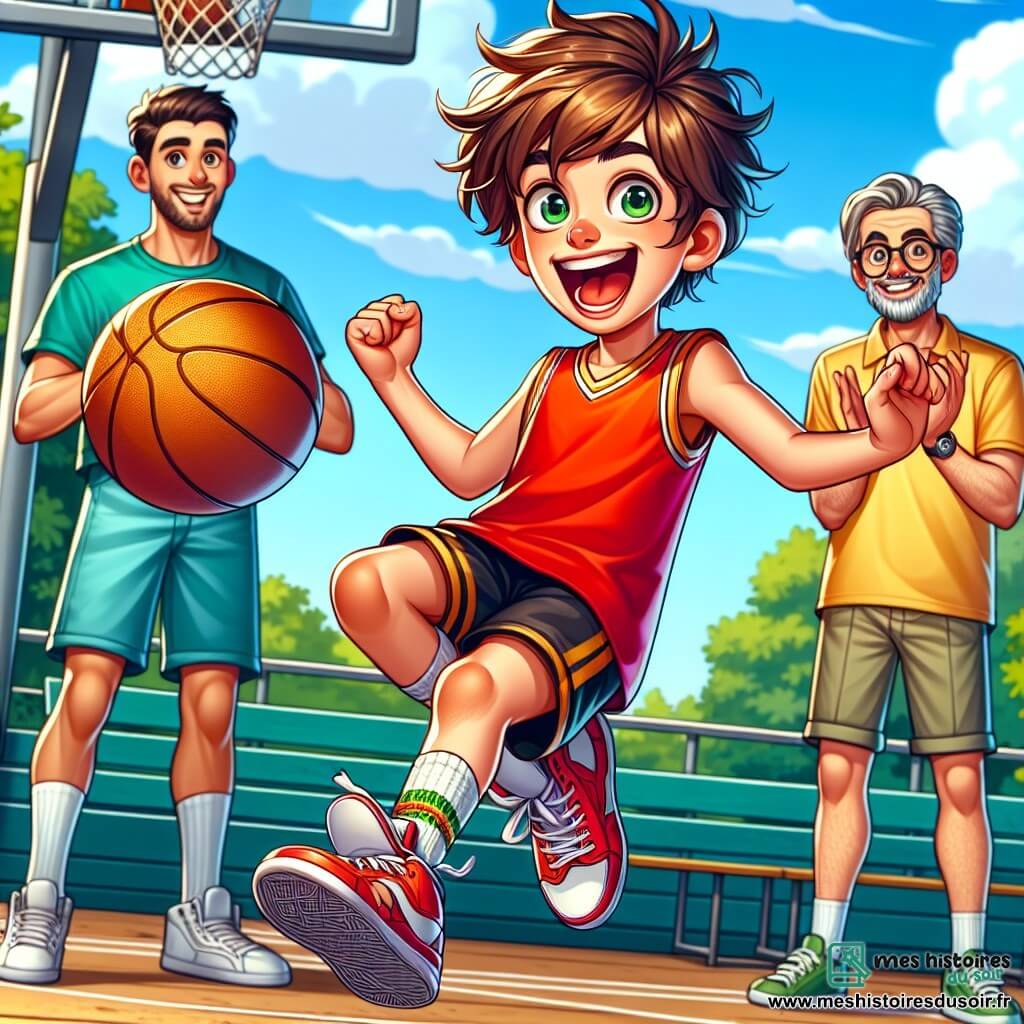 Un garçon de 10 ans, Lucas, aux cheveux bruns en bataille et aux yeux pétillants, se tient au centre de l'image, levant les bras en l'air avec un grand sourire après avoir réussi un dunk au basket. Il porte un maillot rouge et un short noir, ses baskets blanches légèrement poussiéreuses. À sa droite, Malik, son meilleur ami, applaudit avec un large sourire, vêtu d'un t-shirt bleu et d'un short vert. En arrière-plan, Coach Alain, un homme âgé avec des cheveux gris et une barbe, sourit fièrement, les bras croisés, vêtu d'un polo jaune et d'un pantalon beige. Le terrain de basket en plein air est entouré d'arbres et de bancs, sous un ciel bleu clair avec quelques nuages. Le sol en béton est marqué par les lignes blanches du terrain et des ballons de basket sont éparpillés. L'excitation de la victoire est palpable, avec d'autres enfants applaudissant et riant, créant une atmosphère joyeuse.