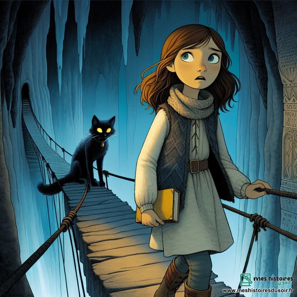 Clara, une jeune fille aux cheveux bruns et mèches dorées, se tient au bord d'un pont suspendu au-dessus d'un gouffre, affichant une expression de détermination mêlée à une légère peur. Elle porte une robe simple et un gilet en laine, tenant un petit livre jaune contre sa poitrine comme un talisman. À ses côtés, Nyx, la Gardienne des Ombres, apparaît sous la forme d'une créature féline aux yeux brillants, prête à l'aider. Le lieu est une cavité sombre éclairée par une lueur bleutée, ornée d'inscriptions anciennes, créant une atmosphère magique et inquiétante. Clara, hésitante mais résolue, est sur le point de traverser le pont instable, tandis que des ombres menaçantes symbolisent ses peurs. L'illustration capture le moment où le courage et l'amitié se rencontrent dans un monde mystérieux.