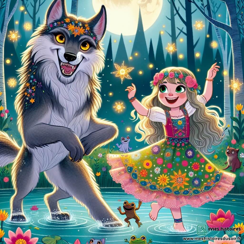 Un loup-garou avec une fourrure grise scintillante et des yeux brillants se tient au centre de la scène, affichant une expression de joie. Ses grandes oreilles sont dressées et sa queue est levée, montrant son enthousiasme alors qu'il danse dans le marais. À côté de lui, une petite fille de huit ans, Lou, avec de longs cheveux dorés et une robe colorée, sourit largement et est prête à danser avec lui. Le marais est enveloppé d'une brume magique, avec des fleurs vives scintillant sous le soleil couchant et des lucioles illuminant l'air. Lou et Luno dansent ensemble au bord d'une étendue d'eau, entourés de créatures fantastiques, célébrant leur amitié.