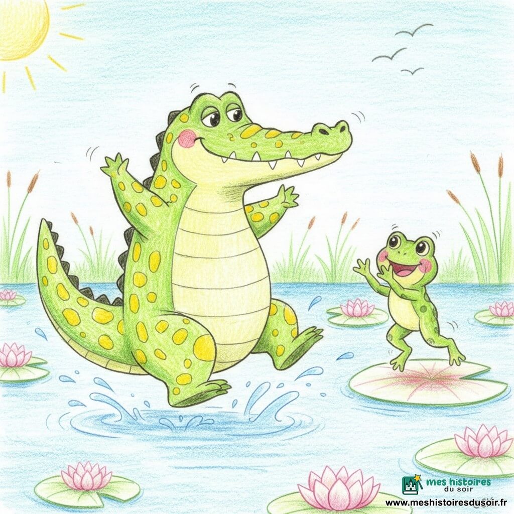 Cléo, un grand crocodile vert à taches jaunes au regard timide puis joyeux, agite sa large queue et saute maladroitement sur un lac bleu clair pendant qu'une petite grenouille verte aux joues roses, perchée sur un nénuphar à sa droite, applaudit; autour d'eux des nénuphars blancs et roses, des roseaux sur la rive, un soleil jaune en haut à gauche, une ambiance douce et lumineuse, éclaboussures légères et oiseaux volant au loin tandis qu'ils dansent ensemble.