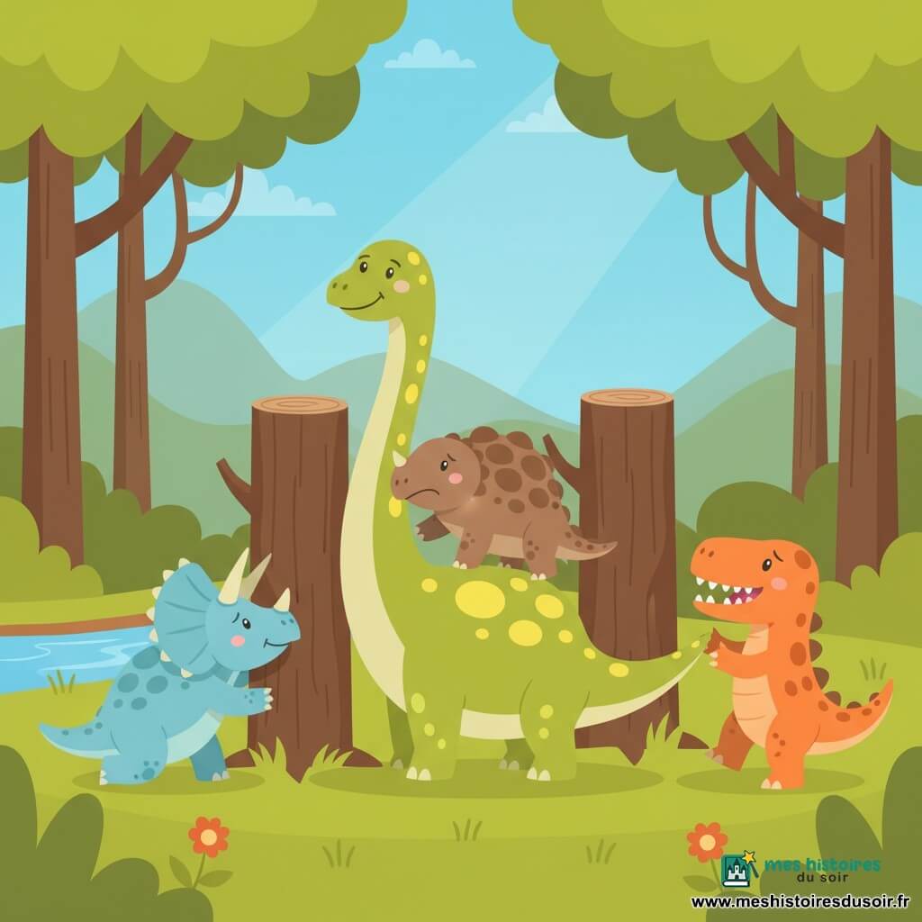 Dippy, un diplodocus vert à taches jaunes au long cou courbé, pousse un tronc au centre; Rex, un tyrannosaure orange aux petites pattes, tire à droite avec ses pattes arrière; Tina, une tricératops bleu clair à trois cornes, s'agenouille et tire à gauche; Benny, un ankylosaure brun coincé entre deux troncs, a l'air soulagé. Arrière-plan : forêt lumineuse aux troncs bruns, feuillage vert vif, fleurs colorées, petit ruisseau à gauche, sol herbeux et collines sous un ciel bleu ensoleillé. Scène simple, formes arrondies, couleurs pastel et ambiance chaleureuse de coopération.