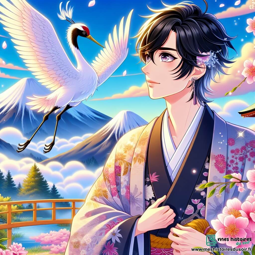 Haruto, un homme d'une trentaine d'années, se tient au sommet de la Mont Kumo, son visage rayonnant de curiosité. Il porte un kimono traditionnel aux motifs floraux, ses cheveux noirs légèrement ébouriffés par le vent. À ses côtés, une gracieuse grue blanche déploie ses ailes, ajoutant une touche de magie à la scène. Le paysage est spectaculaire : des cerisiers en fleurs bordent le sentier, leurs pétales roses tombant comme de la neige, tandis que des montagnes enveloppées de brume créent une atmosphère mystique sous un ciel bleu éclatant. Haruto contemple la beauté de la nature et la grâce de la grue, symbolisant son lien avec les esprits bienveillants de la montagne.