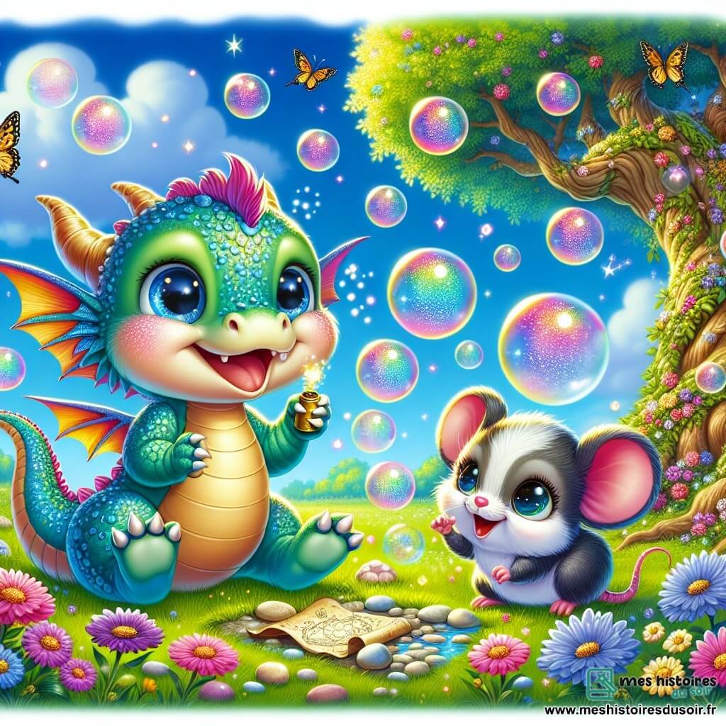 Illustration d'un dragonnet joyeux avec de grandes ailes colorées et des écailles scintillantes, soufflant des bulles de savon. À ses côtés, une petite souris espiègle, pleine d'enthousiasme, l'observe avec émerveillement. Ils se trouvent dans un parc luxuriant, rempli de fleurs colorées et de grands arbres aux feuilles dorées, sous un ciel bleu éclatant. Ils découvrent une carte au trésor devant un grand chêne ancien, leurs yeux brillants d'excitation. La scène est embellie par des bulles de savon, des papillons colorés et un ruisseau scintillant, ajoutant une touche de magie à leur aventure.