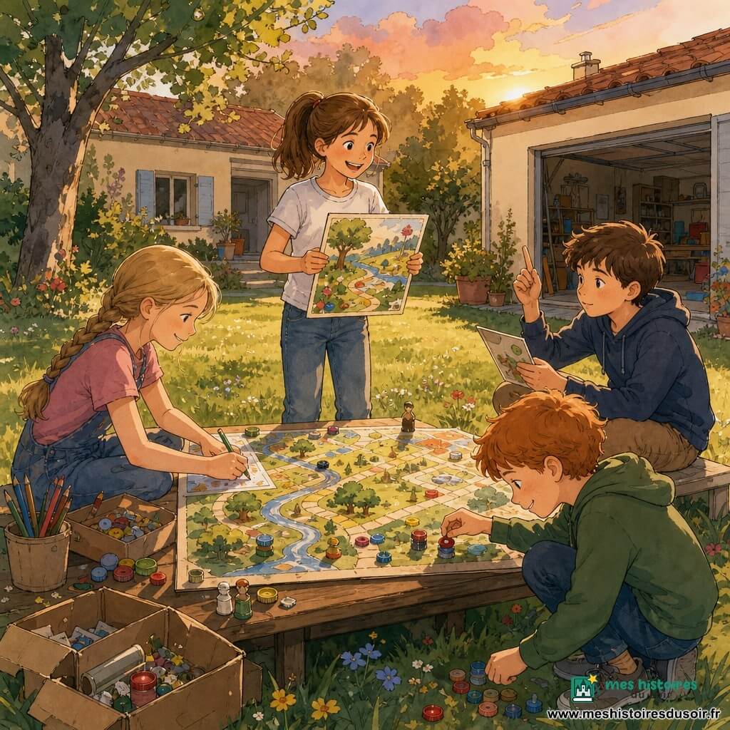 Quatre enfants dans un jardin au coucher du soleil devant un garage ouvert : Léa (≈10 ans, queue-de-cheval châtain) debout au centre tenant une grande carte de jeu colorée et souriant, Tom (≈9 ans, cheveux bruns courts) assis à droite lisant une carte et levant le doigt, Emma (≈9 ans, tresse blonde) assise à gauche dessinant arbres et rivières sur le plateau avec des crayons multicolores, et Lucas (≈10 ans, roux) accroupi fabriquant des pions avec bouchons et boutons et les posant sur une case. Ils testent ensemble un jeu de société écologique sur un grand plateau en carton posé sur l'herbe parsemée de fleurs ; la table basse en bois est couverte de cartons, crayons, boîtes et petites figurines, la lumière du soir est douce avec ombres longues et couleurs chaudes, l'ambiance est joyeuse et collaborative, les éléments graphiques visibles comprennent cases dessinées à la main, cartes éparses, crayons gras, pions bricolés et petits déchets recyclés transformés en décor.