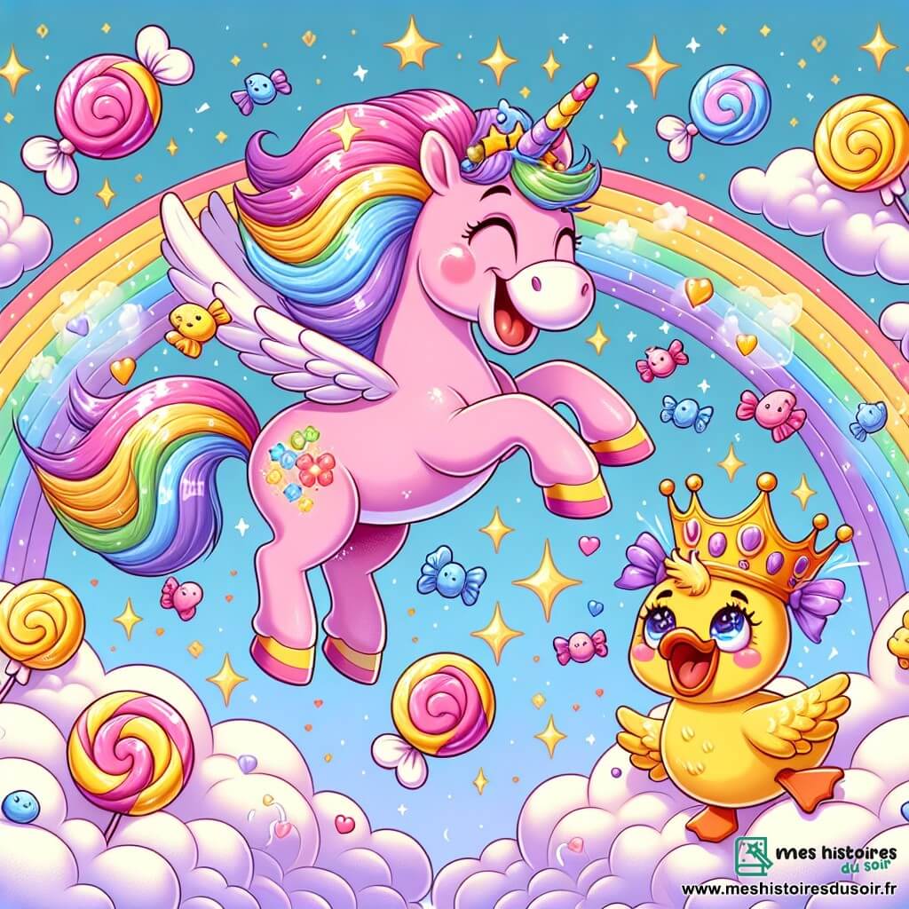 Illustration d'une petite licorne rose à la crinière arc-en-ciel, joyeusement sautant avec sa corne scintillante. À ses côtés, un canard jaune royal avec une couronne observe des bonbons flottants avec amusement. Le décor est un royaume fantastique dans les nuages, avec des éléments colorés et une atmosphère magique. La licorne utilise sa magie pour faire apparaître des bonbons dansants, tandis que le canard rit de la scène. Des étoiles scintillantes et des éclats de lumière ajoutent une touche de magie et d'humour.