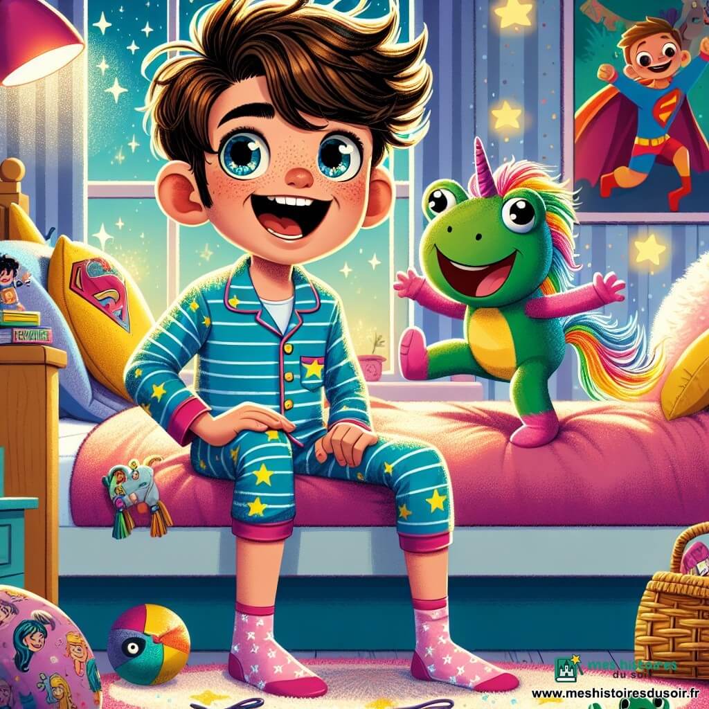 Un garçon de 12 ans, Oscar, aux cheveux châtains en bataille et aux yeux malicieux, est assis sur son lit, souriant, entouré de pyjamas animés. Il porte un pyjama bleu à rayures avec des motifs d'étoiles scintillantes. À côté de lui, un pyjama licorne rose avec une crinière multicolore danse joyeusement, tandis qu'un pyjama grenouille vert fait des sauts périlleux. La chambre d'Oscar est décorée de posters de super-héros et de jouets, avec une lumière douce qui crée une ambiance chaleureuse. Oscar et ses pyjamas prennent vie, prêts pour une aventure hilarante avant de dormir, remplissant l'air de rires.