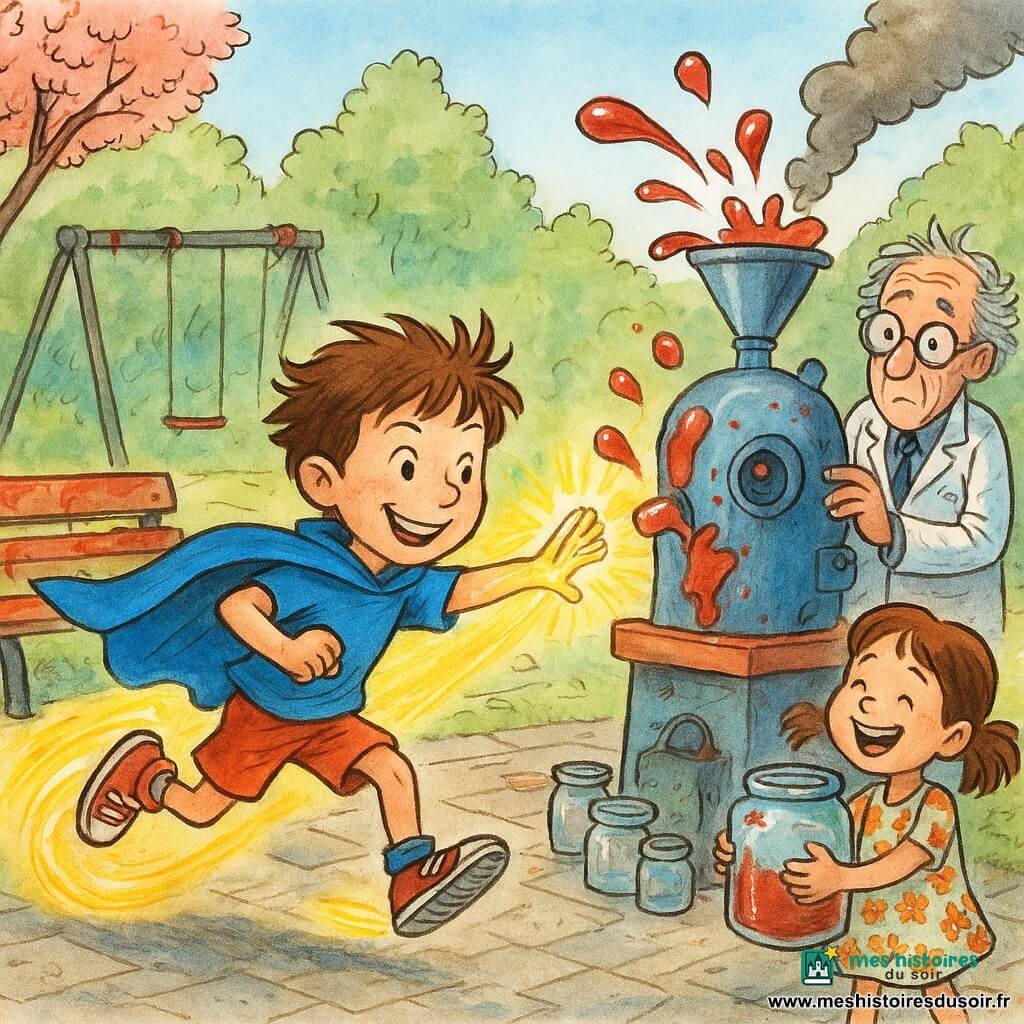 Garçon héros d'environ 10 ans, sourire concentré, cheveux en bataille, cape bleu électrique et baskets à ressorts, court en laissant une traînée de lumière dorée et utilise des mains lumineuses pour guider des gouttes de confiture dans des pots ; professeur Bazar, inventeur d'environ 60 ans aux lunettes rondes et cheveux gris ébouriffés, penaud mais soulagé, se tient près d'une machine bizarre qui fuit de la confiture ; une fillette d'environ 6 ans en robe à fleurs et deux couettes rit en tenant un grand pot vide près du héros ; décor : square urbain réhabilité avec arbres en fleurs, bancs tachés de confiture, balançoires collantes, sol pavé brillant et petits pots vides empilés sous un ciel bleu doux ; scène principale : machine géante crachant des gouttes rouges, le garçon crée un tourbillon de lumière pour canaliser la confiture dans les pots, ambiance joyeuse et un peu chaotique, style encre colorée aux traits nets et couleurs vives.