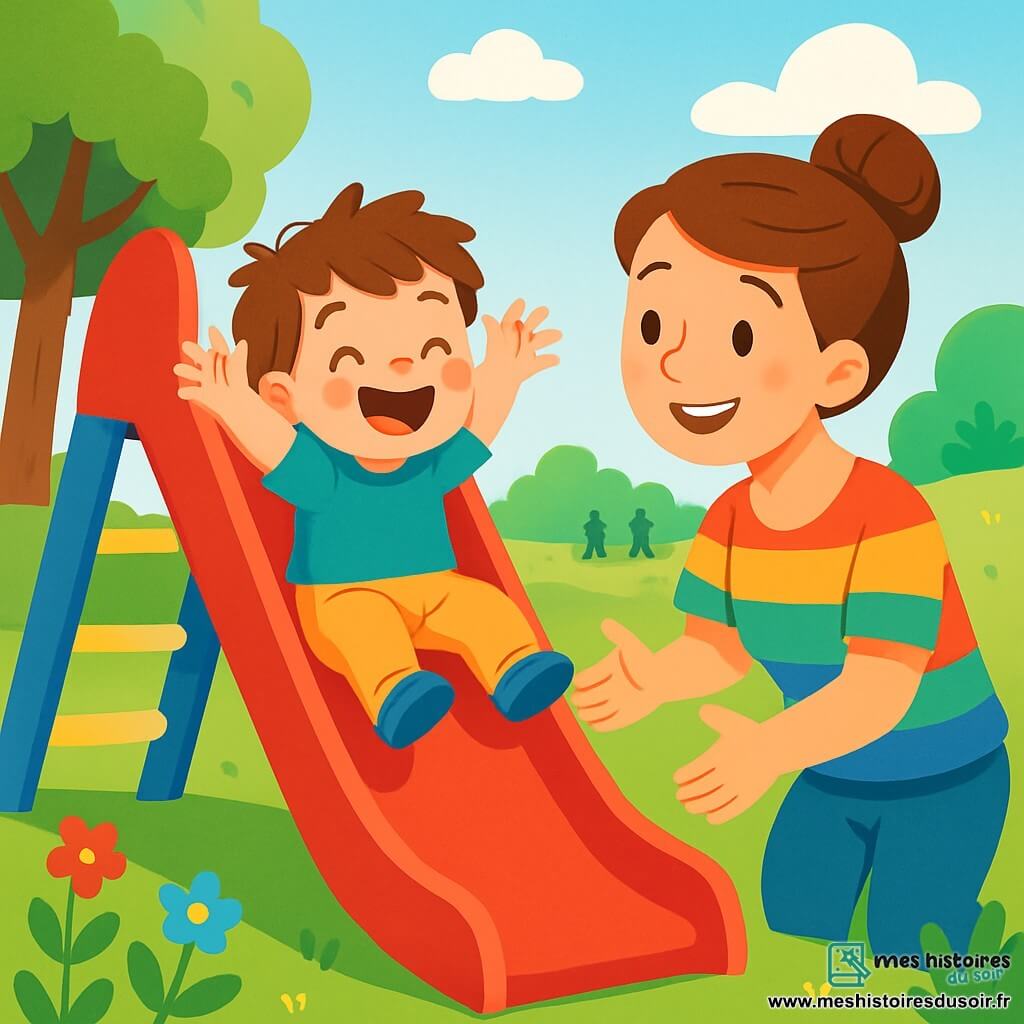 Un petit garçon de 2 ans, Lucas, avec des cheveux bruns en désordre et des yeux pétillants, glisse sur un toboggan rouge. Son visage est illuminé par un grand sourire, et ses joues sont rosies par l'excitation. À côté de lui, sa maman, une femme d'environ 30 ans avec des cheveux châtains en chignon et un t-shirt coloré, l'encourage avec un sourire chaleureux, prête à le rattraper en bas. Le parc est verdoyant, avec des arbres aux feuilles éclatantes et des fleurs colorées. Le ciel est bleu avec quelques nuages. Lucas glisse avec enthousiasme, bras levés, criant de joie. C'est un moment de bonheur et d'aventure dans un cadre ensoleillé.
