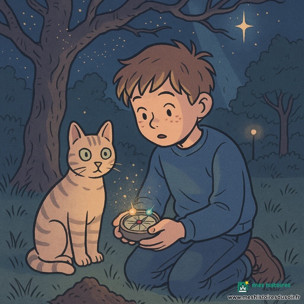 Milo, garçon de 12 ans au visage rond et taches de rousseur, cheveux châtain clair en bataille, portant un sweat bleu usé et un jean, est accroupi tenant une petite boussole ronde brillante d'où tournent trois petites lumières colorées qui éclairent son visage; à ses côtés le chat Nougat, pelage crème tigré et yeux verts, regarde la boussole, queue enroulée autour des pattes. À l'arrière-plan, un jardin de nuit autour d'une maison familiale avec un vieux cerisier aux branches noueuses, herbe un peu haute, quelques lampadaires lointains et un petit tas de terre près d'une tranchée; une poussière d'étoiles dorée flotte autour du cerisier. Dans le ciel, une étoile beaucoup plus brillante que les autres et une fente lumineuse étroite qui s'ouvre entre les branches. Scène principale: Milo découvre la boussole enfouie près du cerisier; la boussole émet trois lumières et pointe vers le ciel tandis que la fente lumineuse s'ouvre dans l'arbre; ambiance mystérieuse mais chaleureuse, couleurs douces (bleu nuit, tons pastel, touches dorées scintillantes).